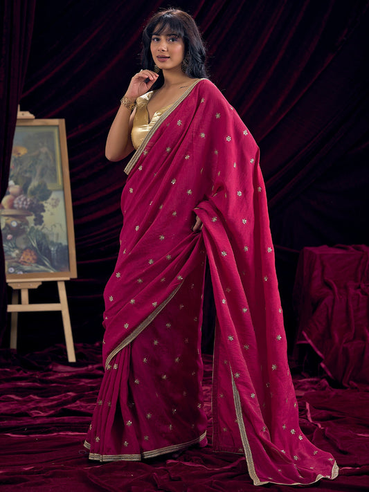 Crimson Silk Saree with Gold Star Embroidery - Ressa