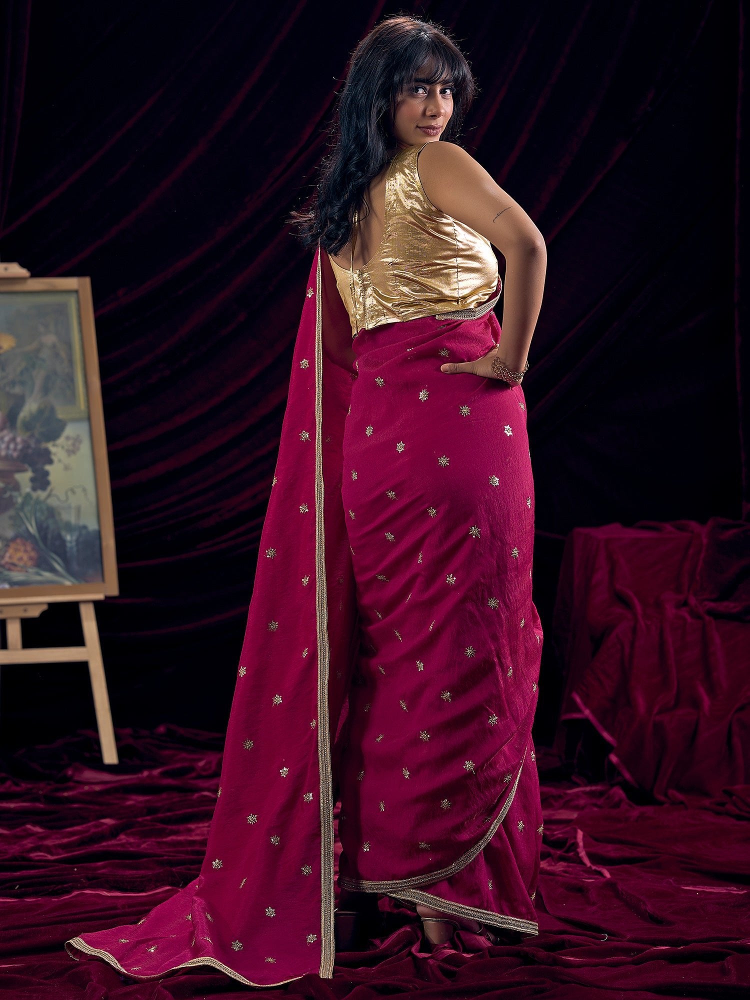 Crimson Silk Saree with Gold Star Embroidery - Ressa