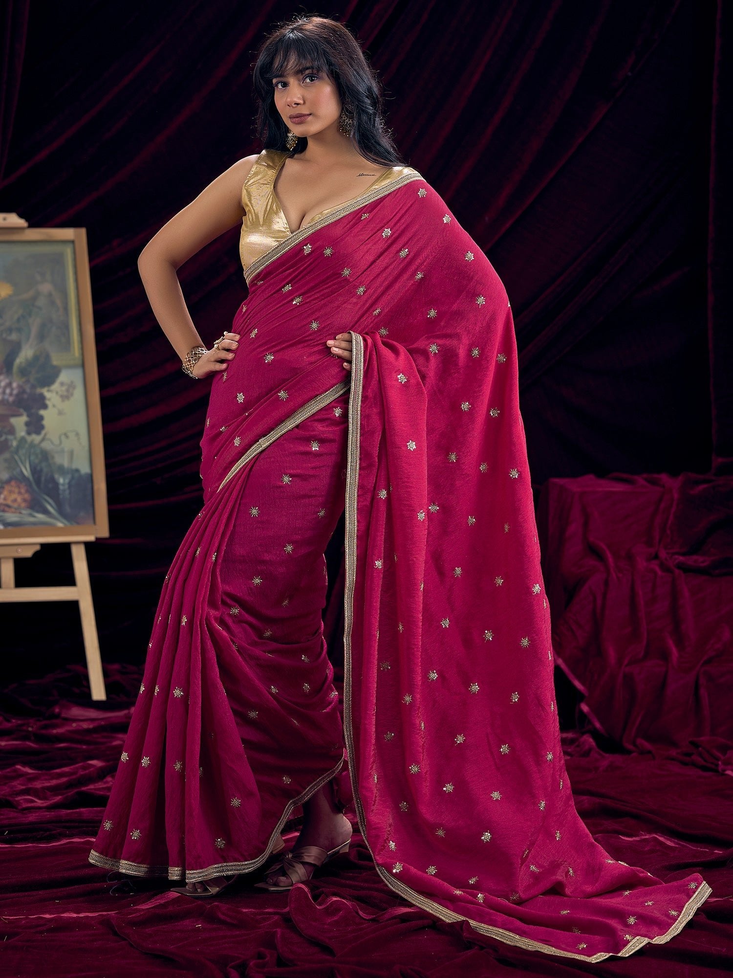 Crimson Silk Saree with Gold Star Embroidery - Ressa