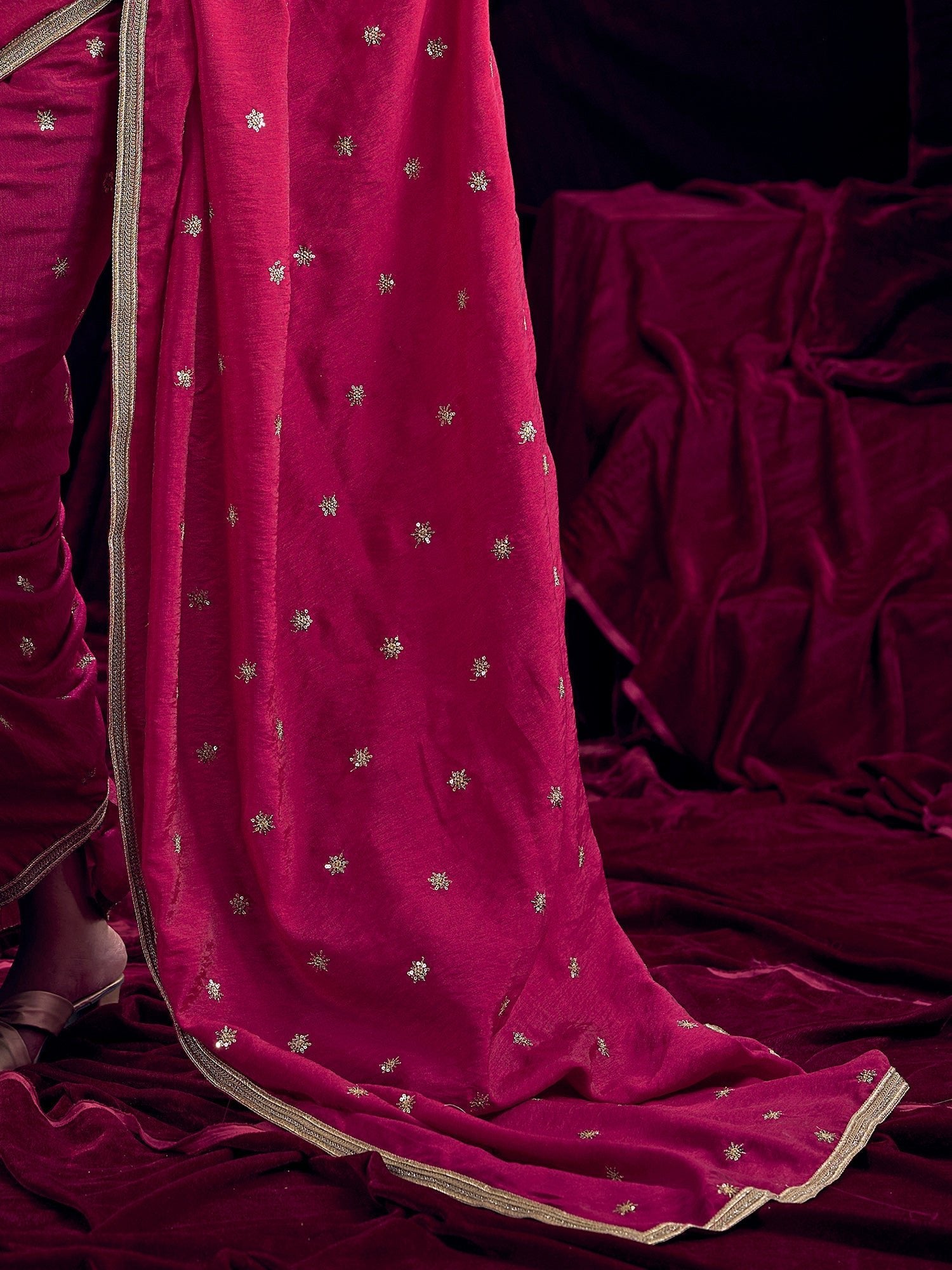 Crimson Silk Saree with Gold Star Embroidery - Ressa