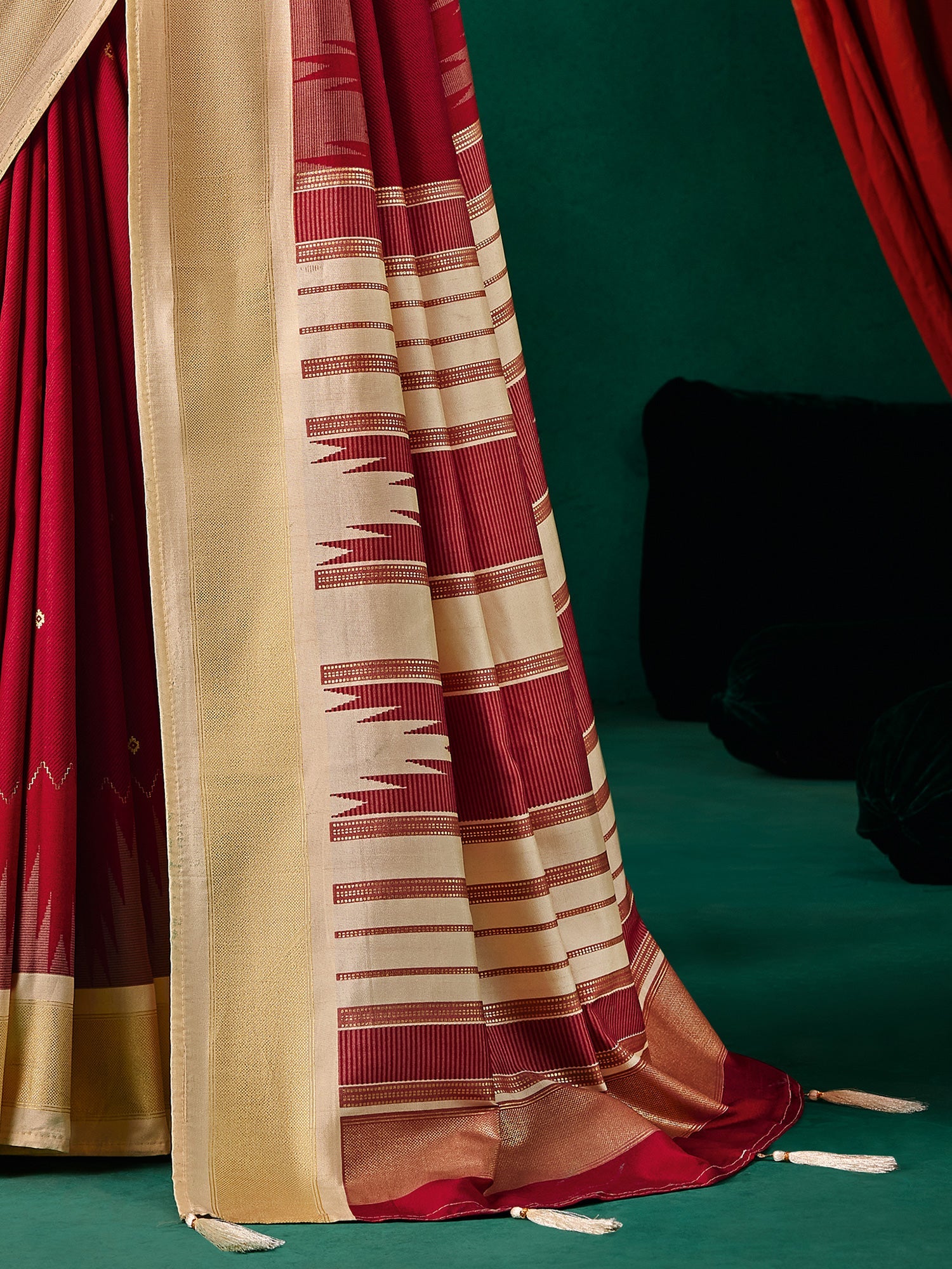 Crimson Splendour Silk Saree with Ikat Weave & Golden Border - Ressa