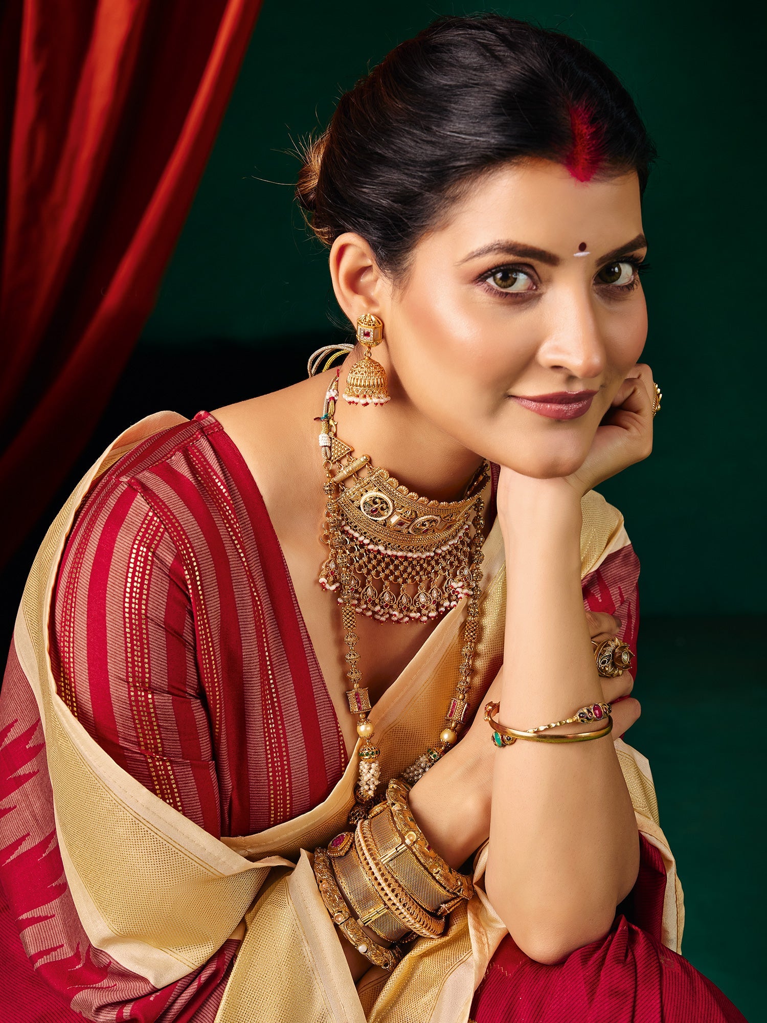 Crimson Splendour Silk Saree with Ikat Weave & Golden Border - Ressa