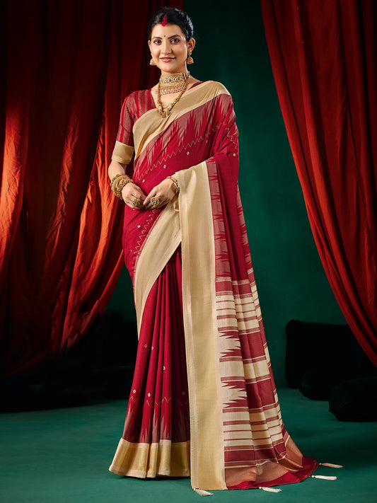 Crimson Splendour Silk Saree with Ikat Weave & Golden Border - Ressa