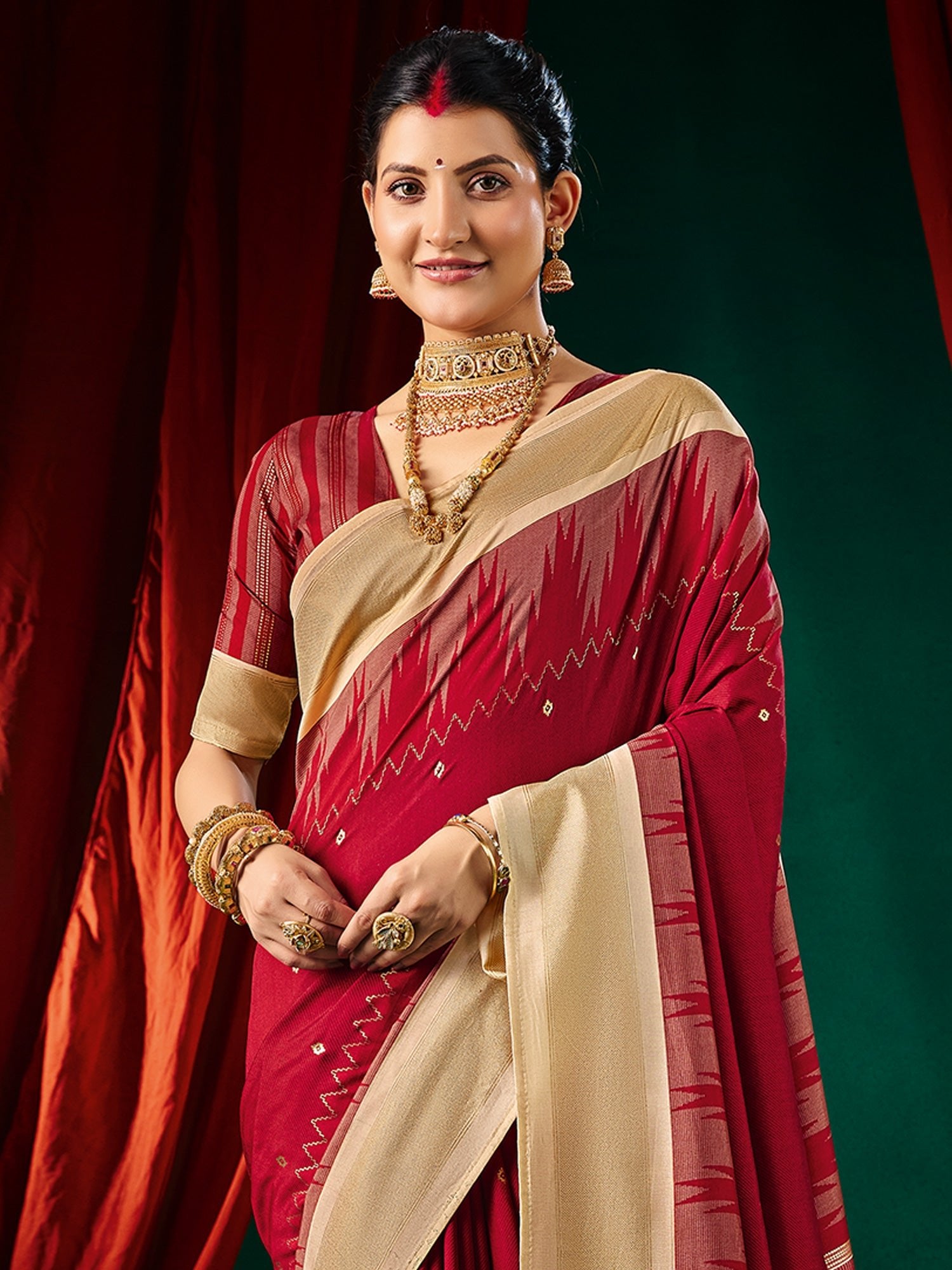 Crimson Splendour Silk Saree with Ikat Weave & Golden Border - Ressa