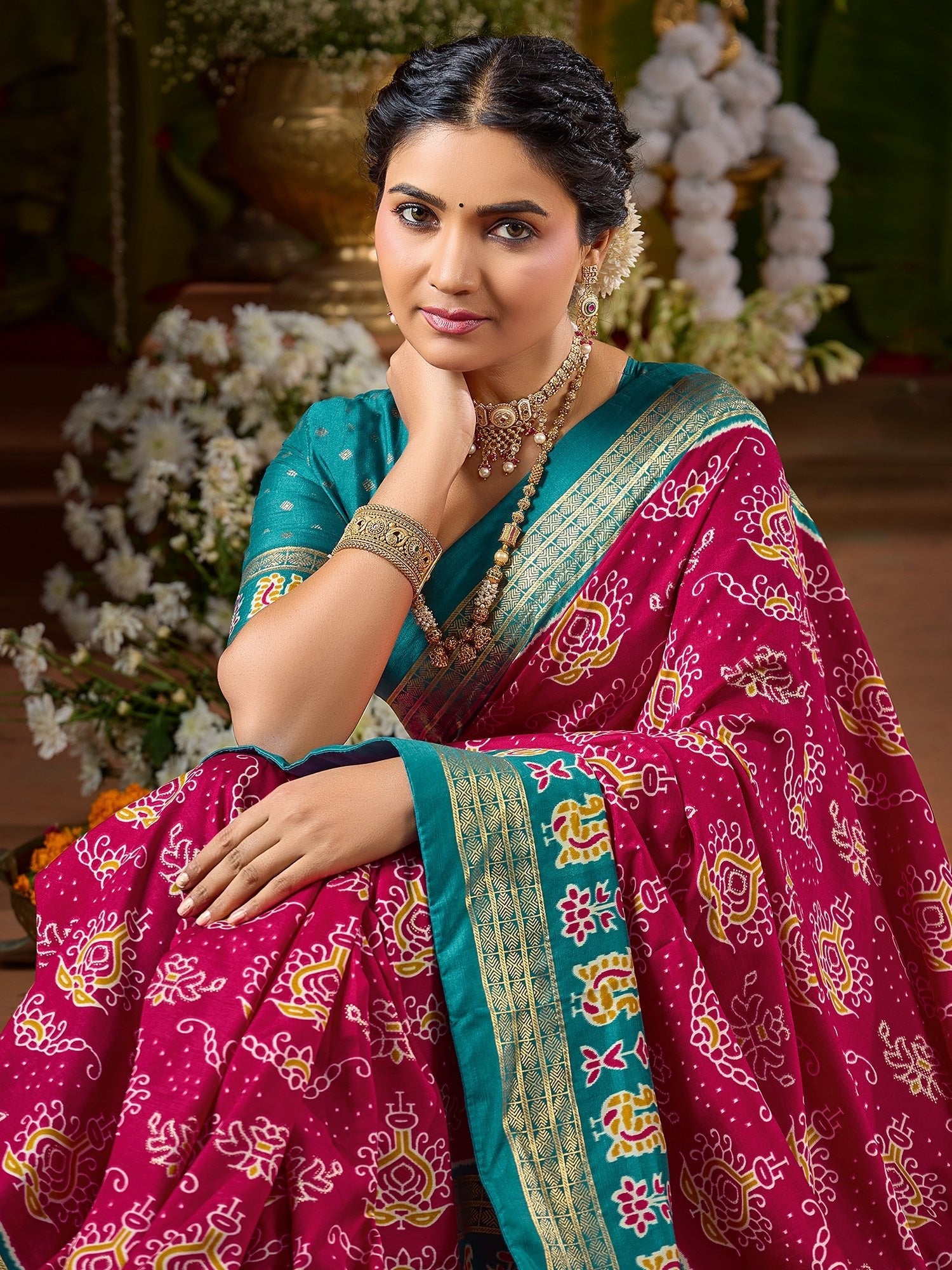Crimson & Teal Bandhani Silk Saree with Patola Pallu - Ressa