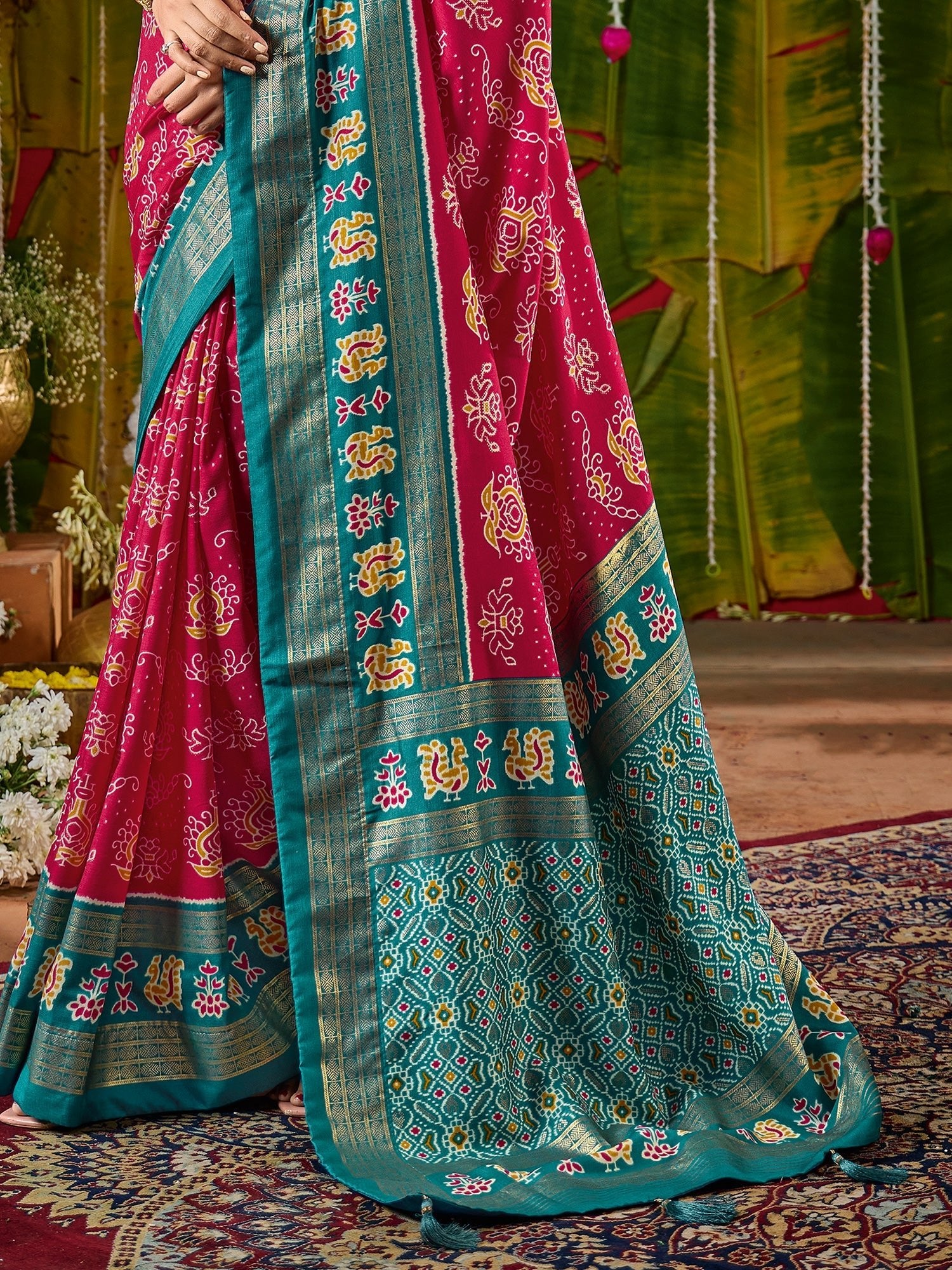 Crimson & Teal Bandhani Silk Saree with Patola Pallu - Ressa