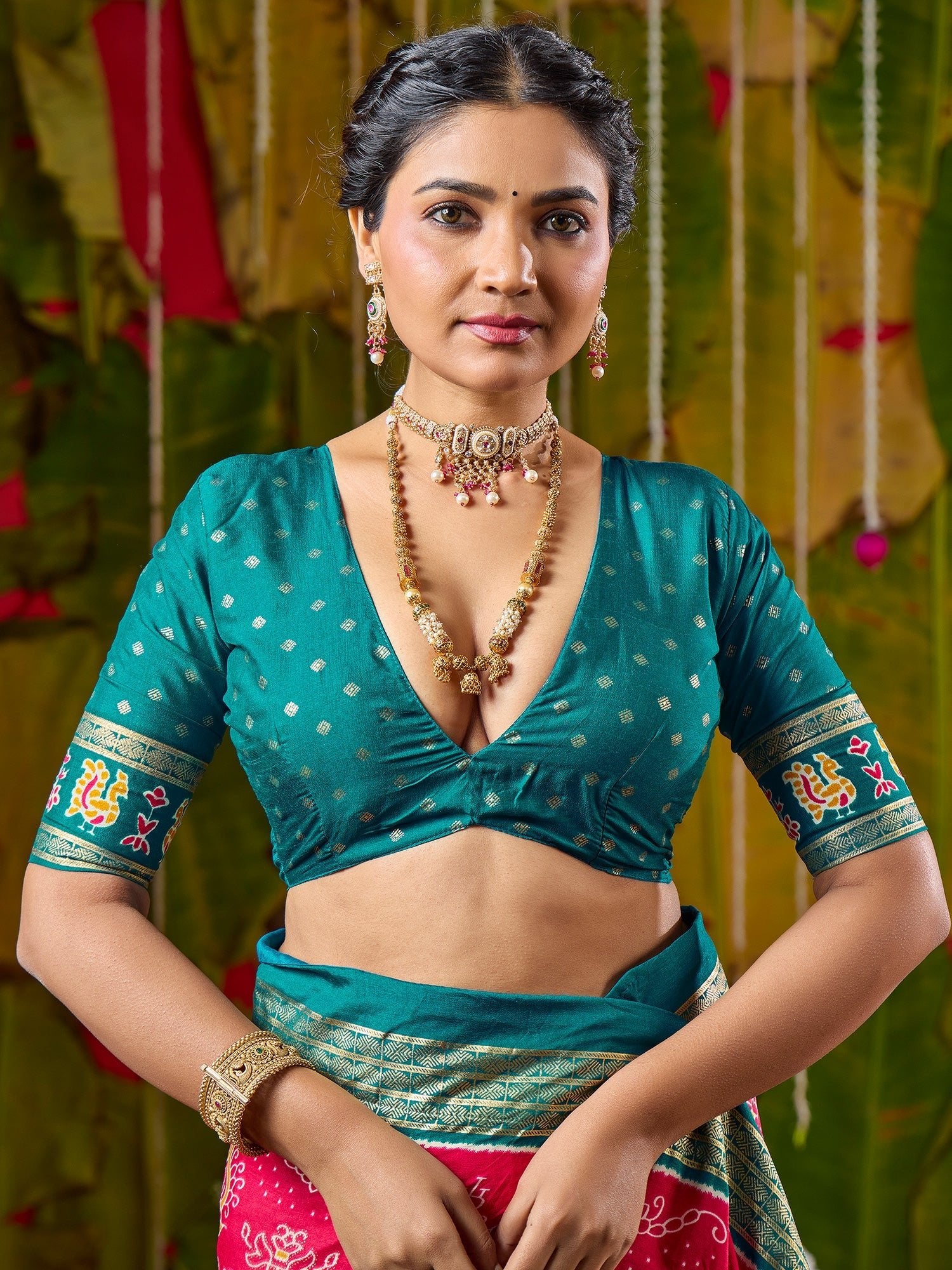 Crimson & Teal Bandhani Silk Saree with Patola Pallu - Ressa