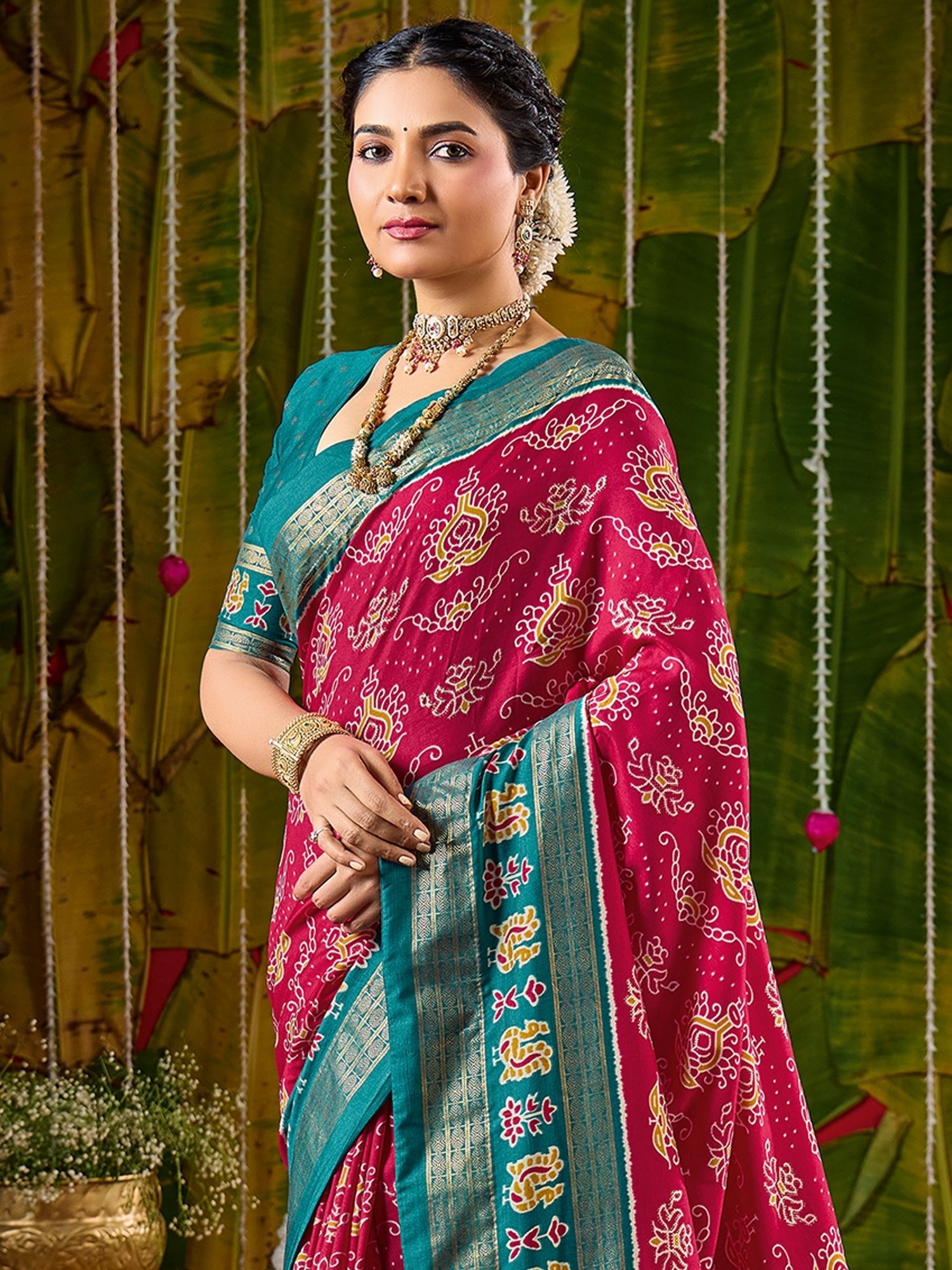 Crimson & Teal Bandhani Silk Saree with Patola Pallu - Ressa