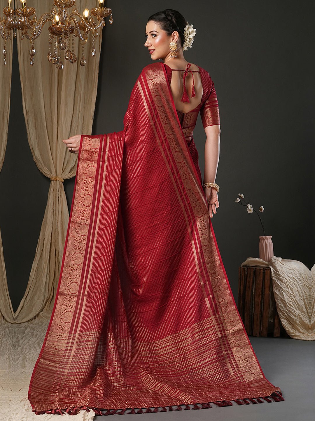 Crimson Zari Viscose Saree with Banarasi Border - Ressa