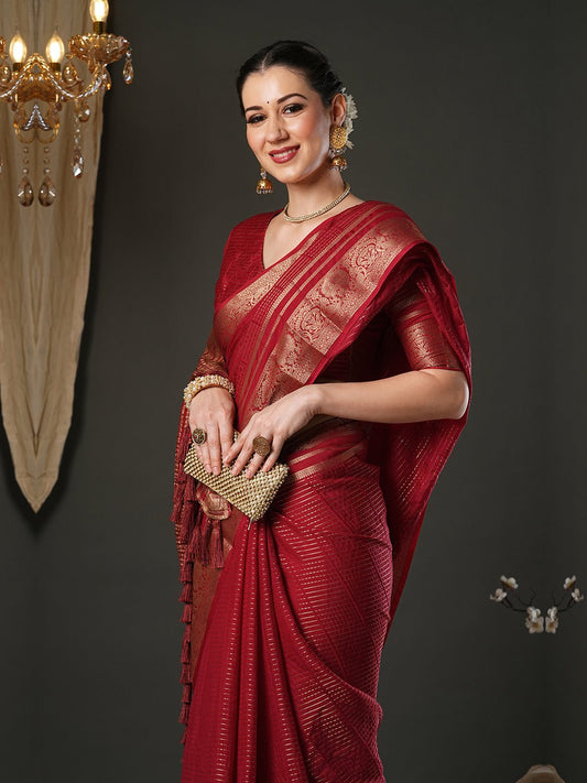 Crimson Zari Viscose Saree with Banarasi Border - Ressa