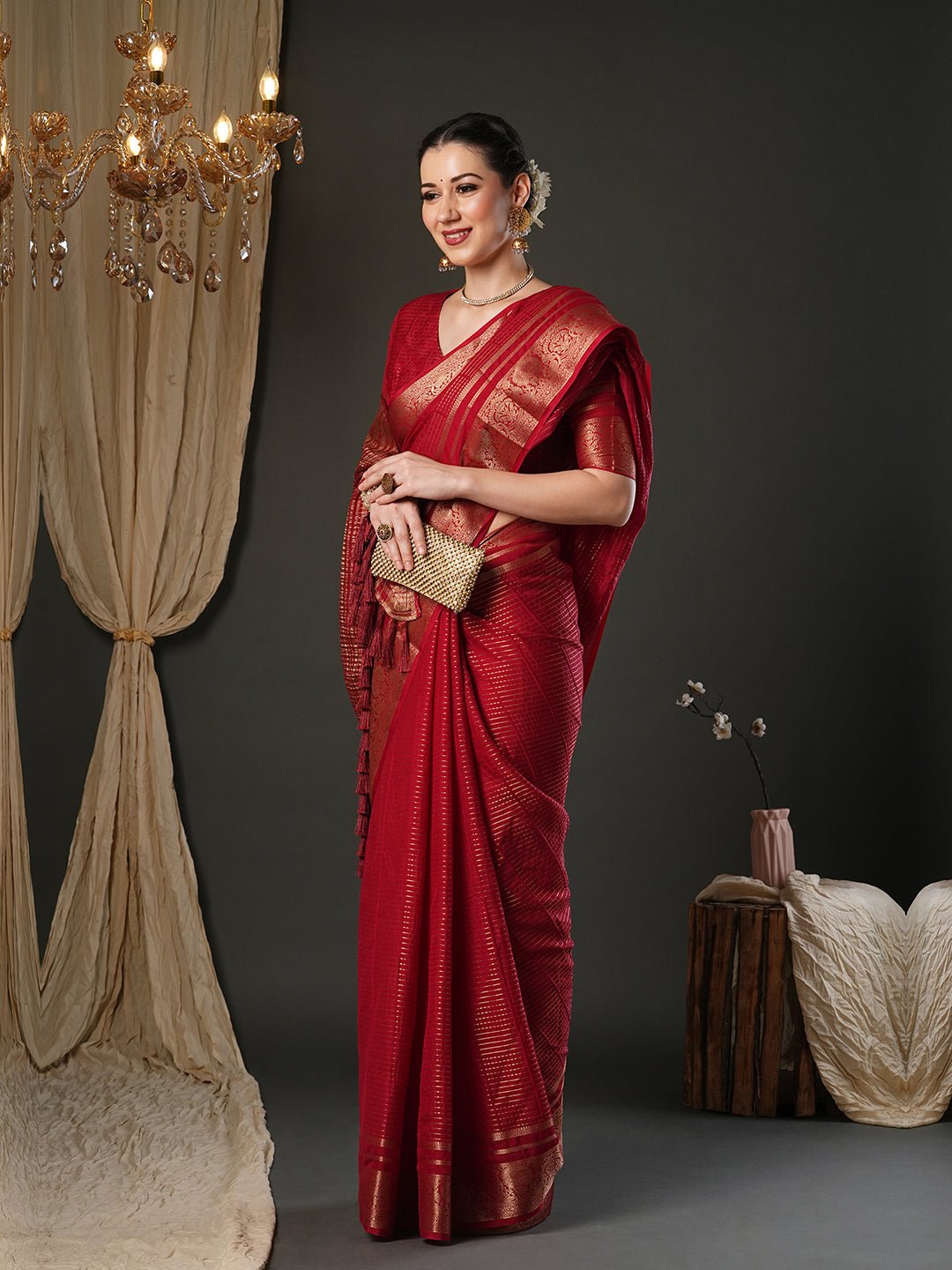 Crimson Zari Viscose Saree with Banarasi Border - Ressa