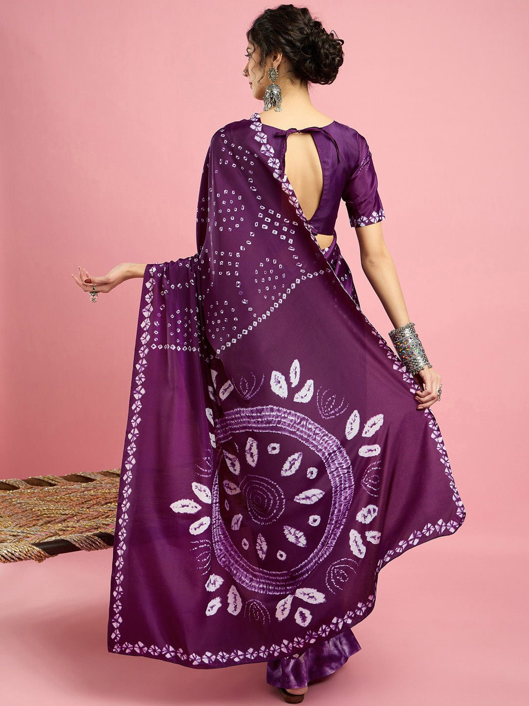 Wine Crepe Bandhani Printed Saree - Ressa