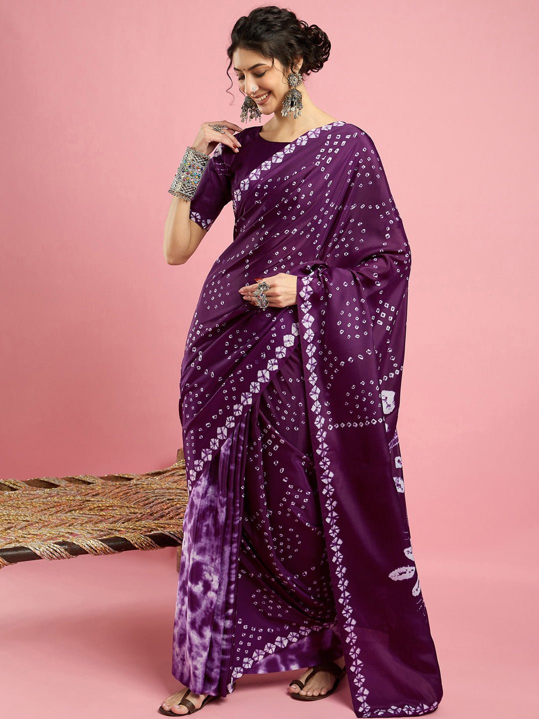 Wine Crepe Bandhani Printed Saree - Ressa