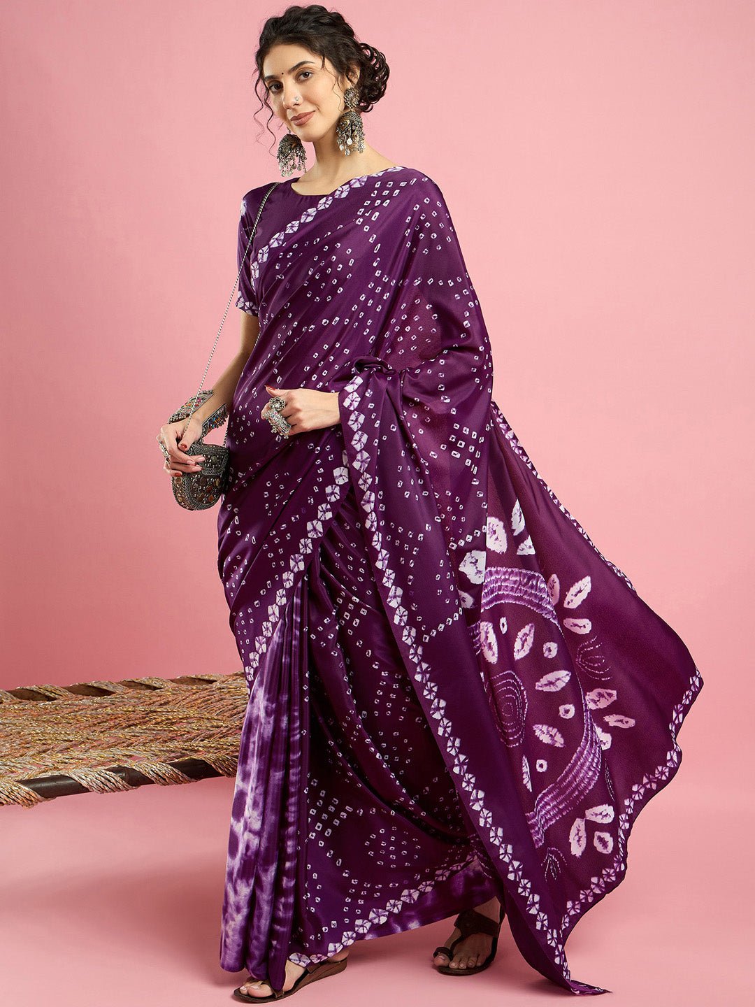 Wine Crepe Bandhani Printed Saree - Ressa