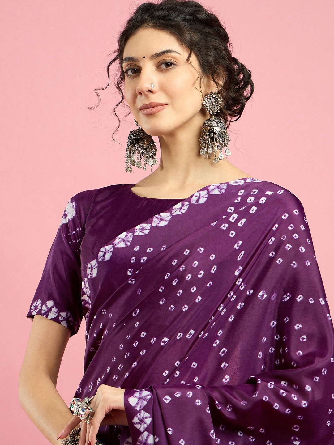 Wine Crepe Bandhani Printed Saree - Ressa