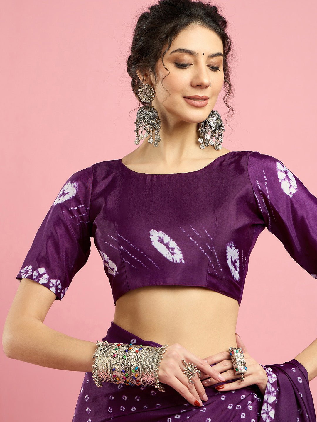 Wine Crepe Bandhani Printed Saree - Ressa