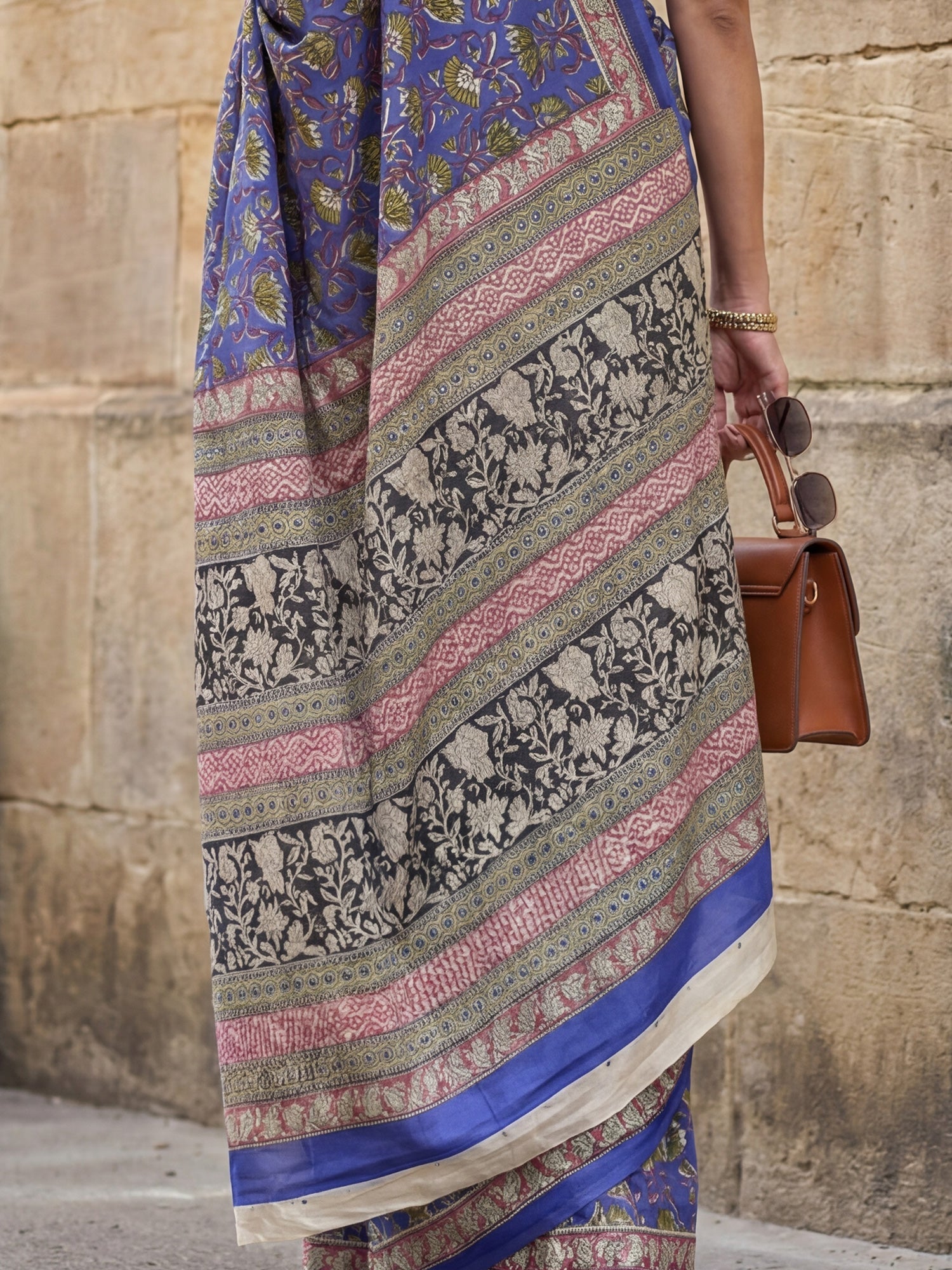 Dark Blue Block Printed Saree - Ressa