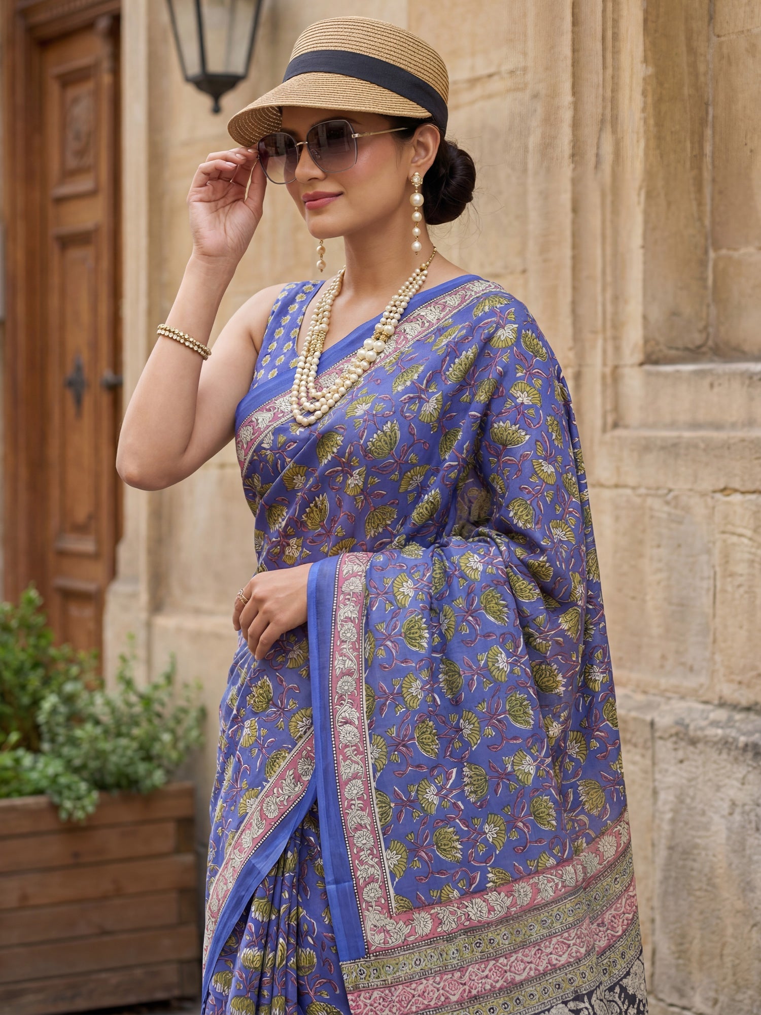 Dark Blue Block Printed Saree - Ressa
