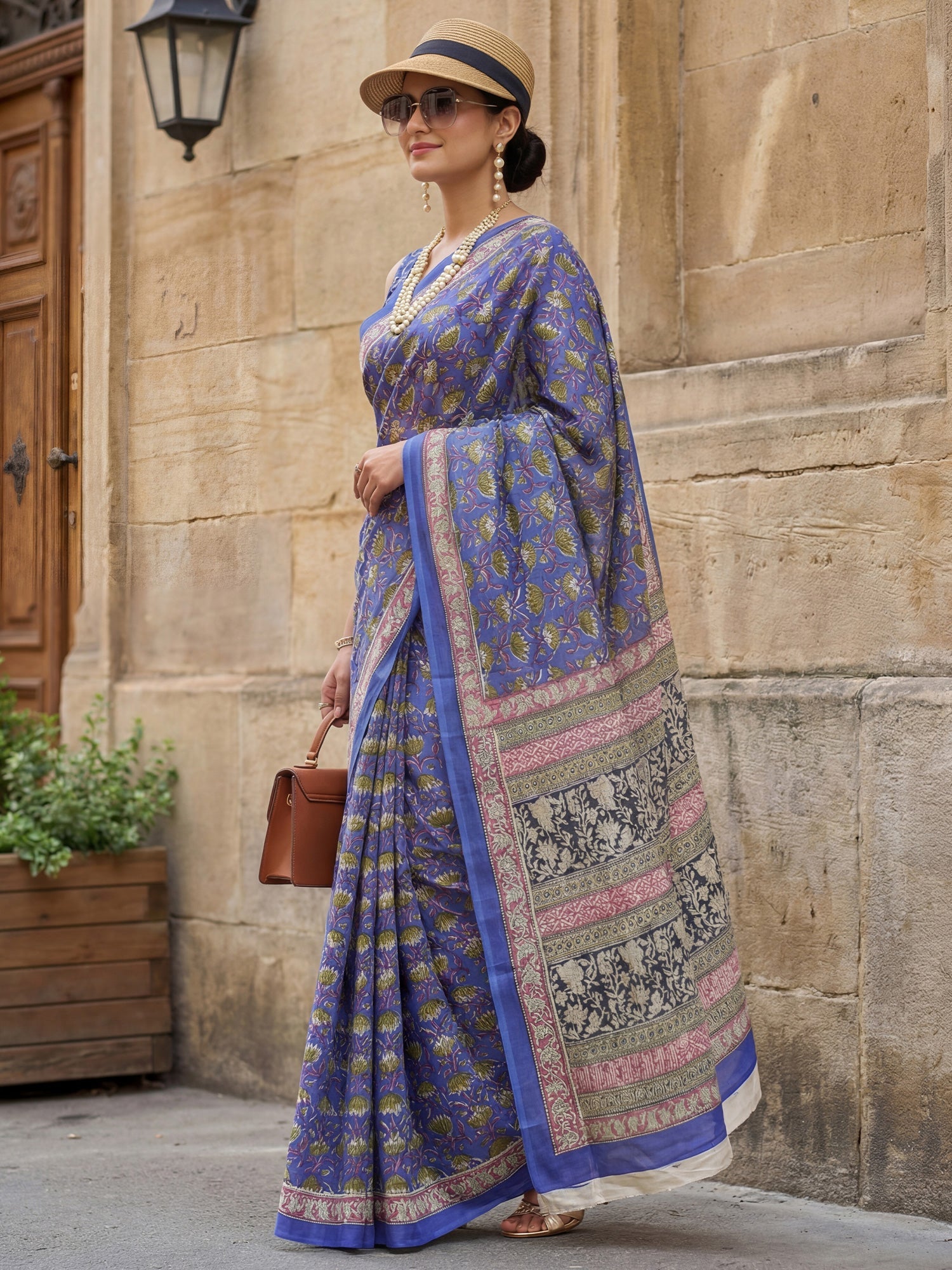 Dark Blue Block Printed Saree - Ressa