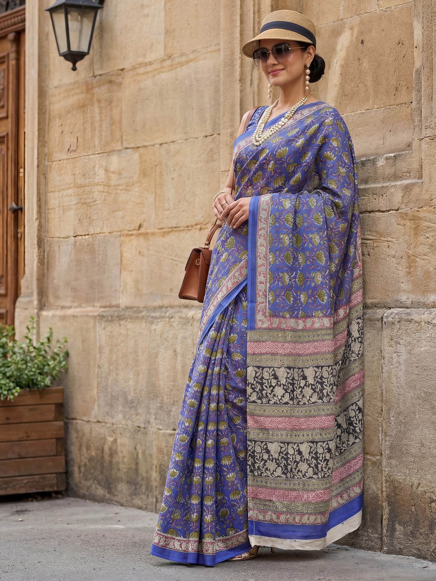 Dark Blue Block Printed Saree - Ressa