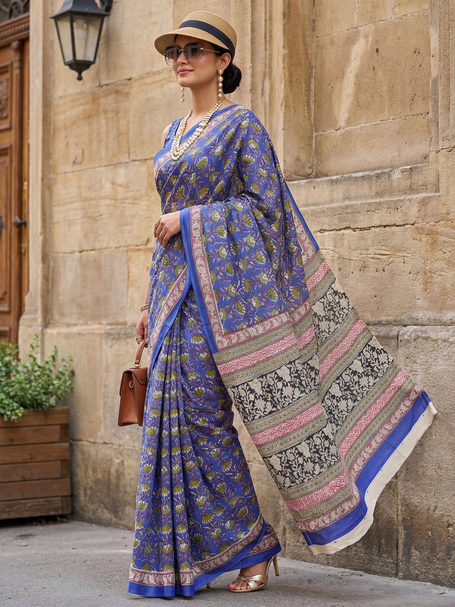 Dark Blue Block Printed Saree - Ressa