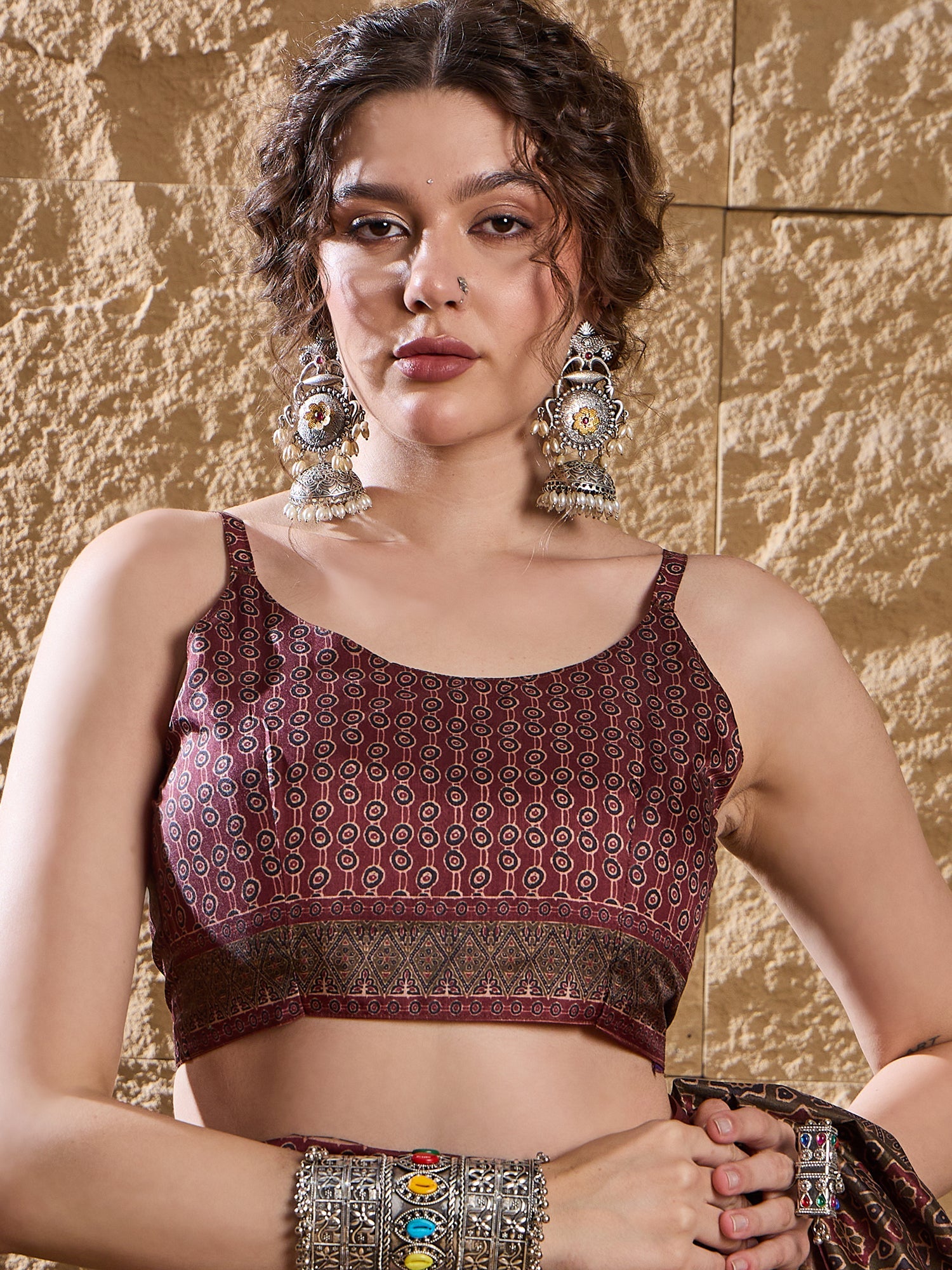 Dark Brown Ajrakh Printed Satin Saree - Ressa