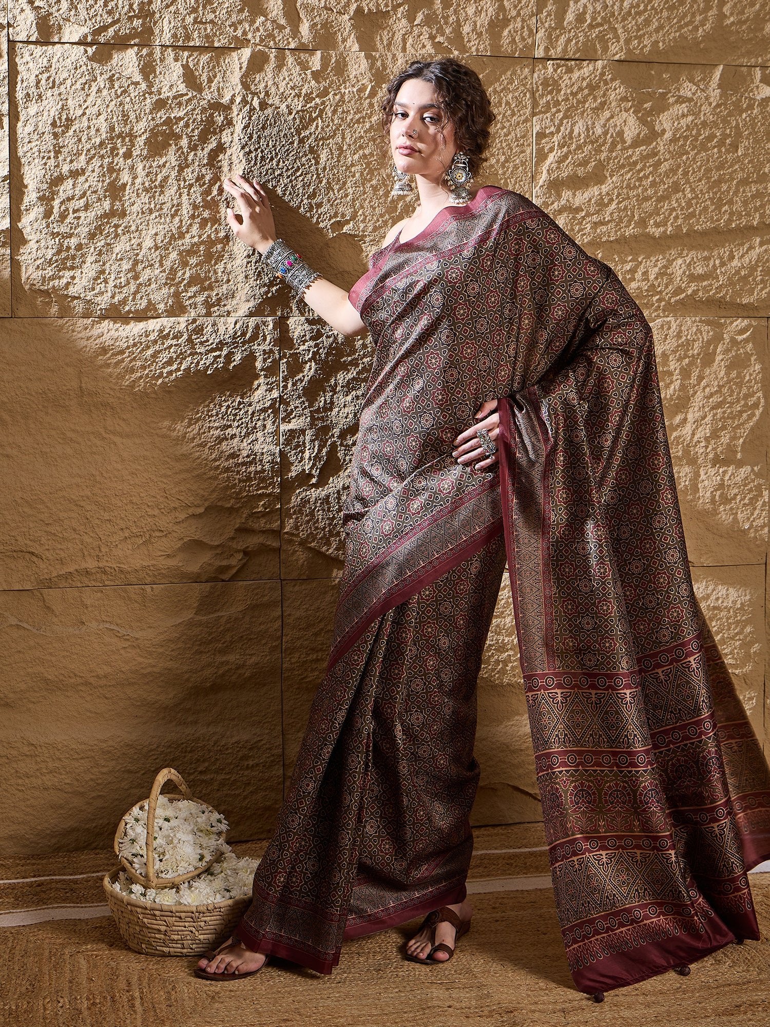 Dark Brown Ajrakh Printed Satin Saree - Ressa