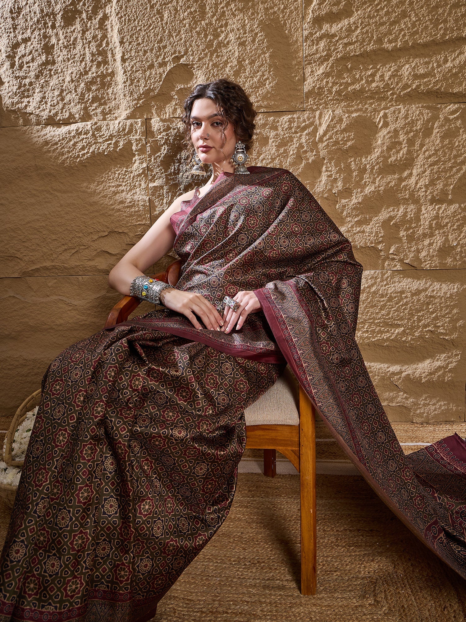 Dark Brown Ajrakh Printed Satin Saree - Ressa