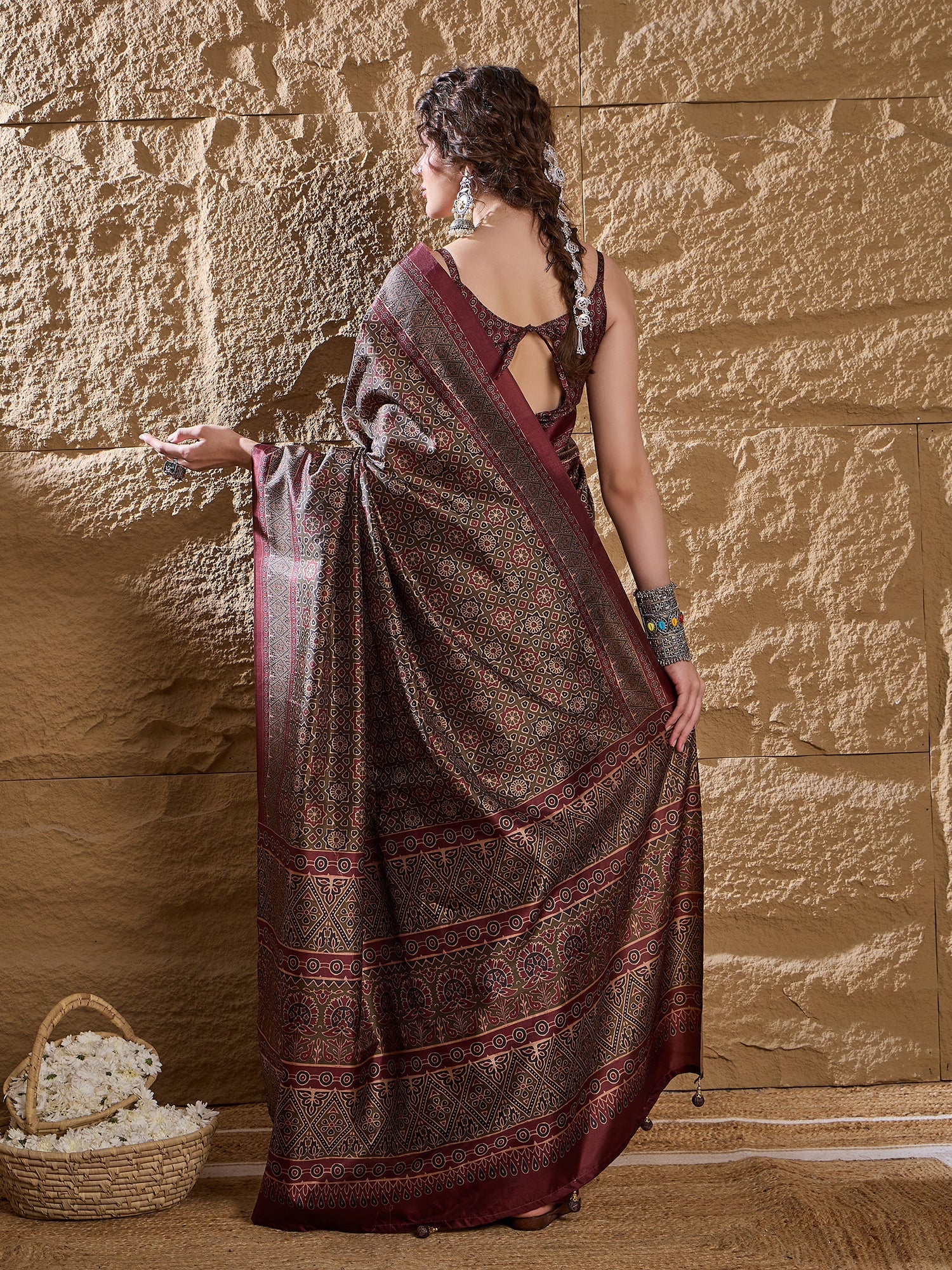 Dark Brown Ajrakh Printed Satin Saree - Ressa