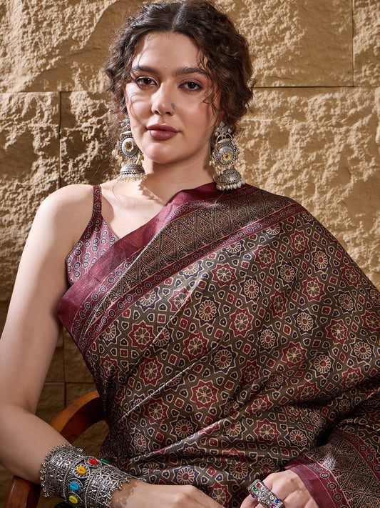 Dark Brown Ajrakh Printed Satin Saree - Ressa