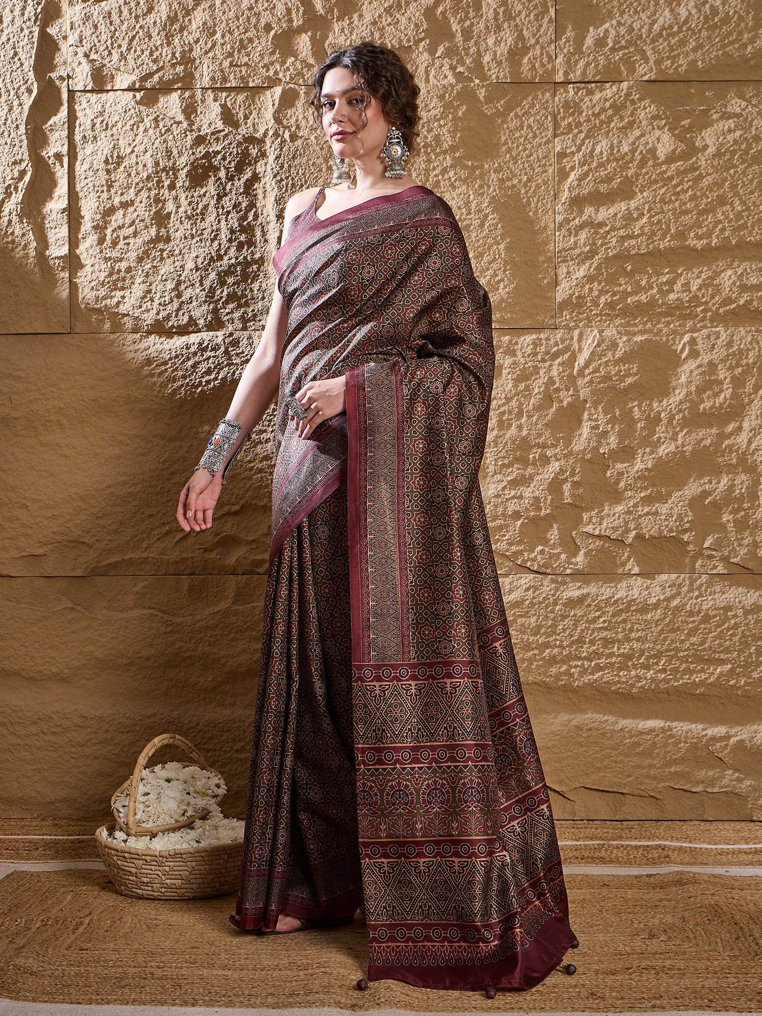 Dark Brown Ajrakh Printed Satin Saree - Ressa