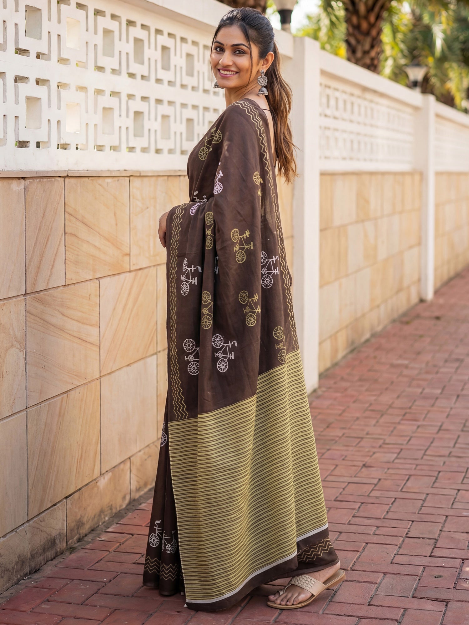 Dark Brown Cotton Silk Bicycle Block Print Saree - Ressa