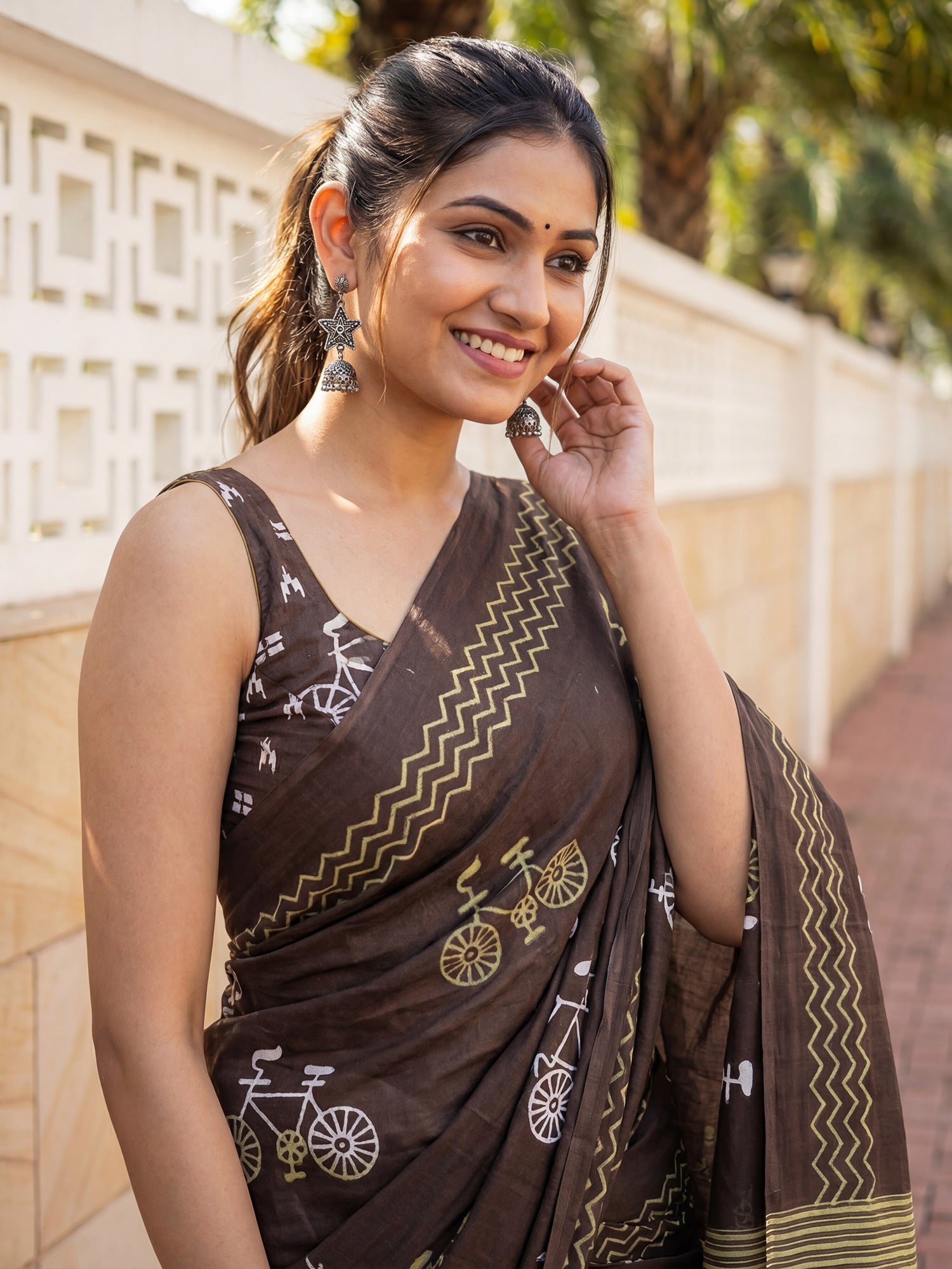 Dark Brown Cotton Silk Bicycle Block Print Saree - Ressa