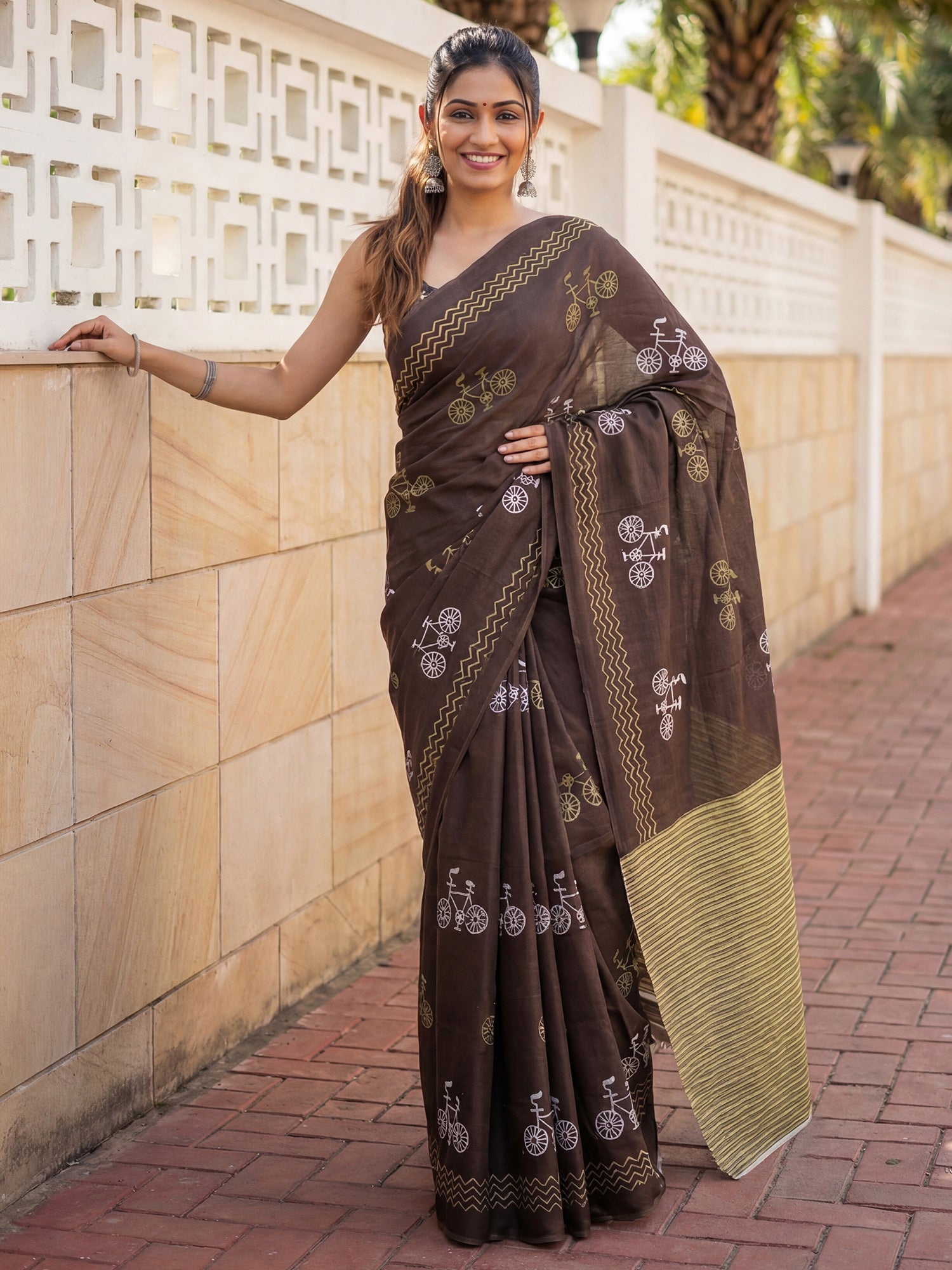 Dark Brown Cotton Silk Bicycle Block Print Saree - Ressa
