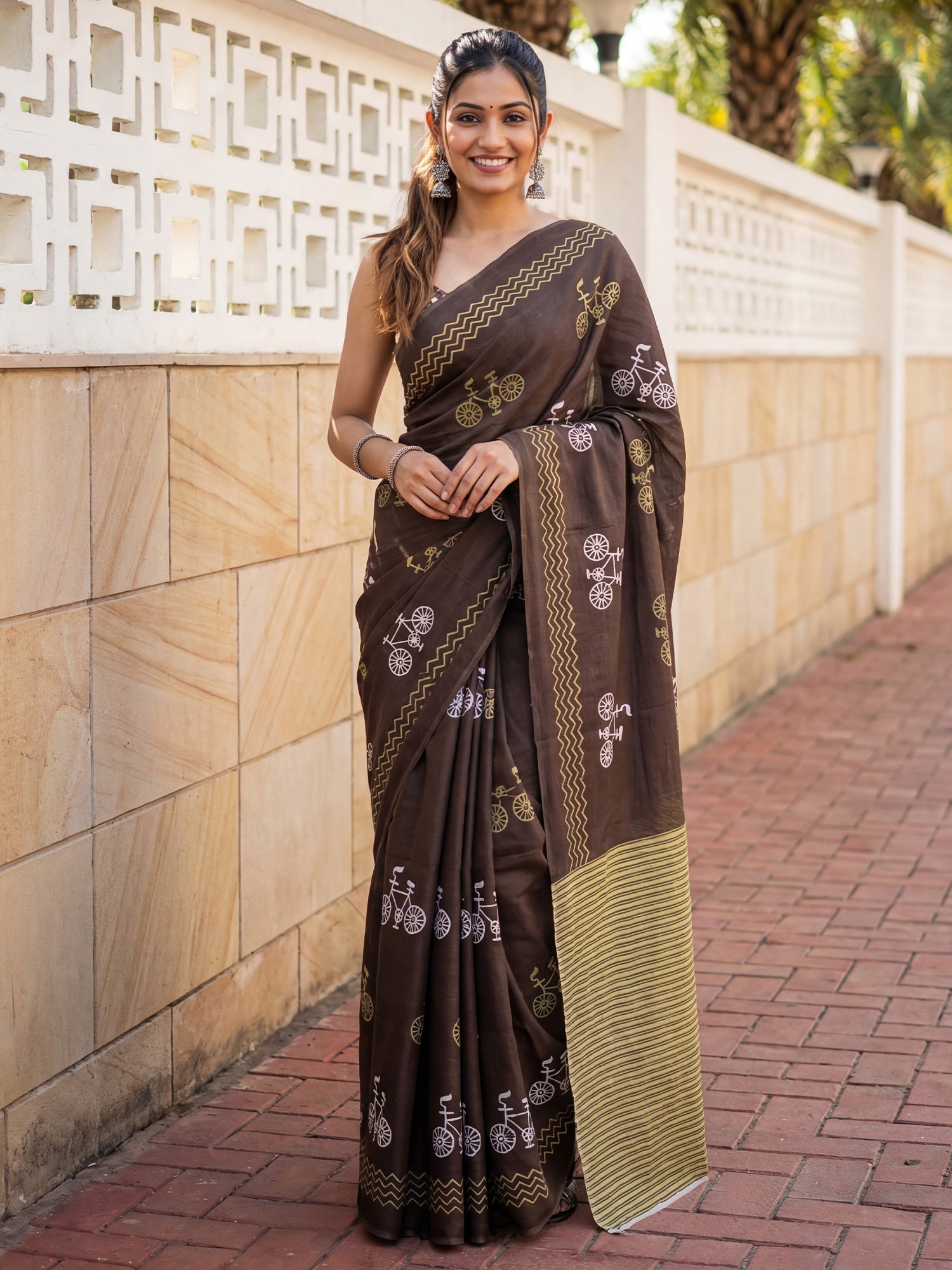 Dark Brown Cotton Silk Bicycle Block Print Saree - Ressa