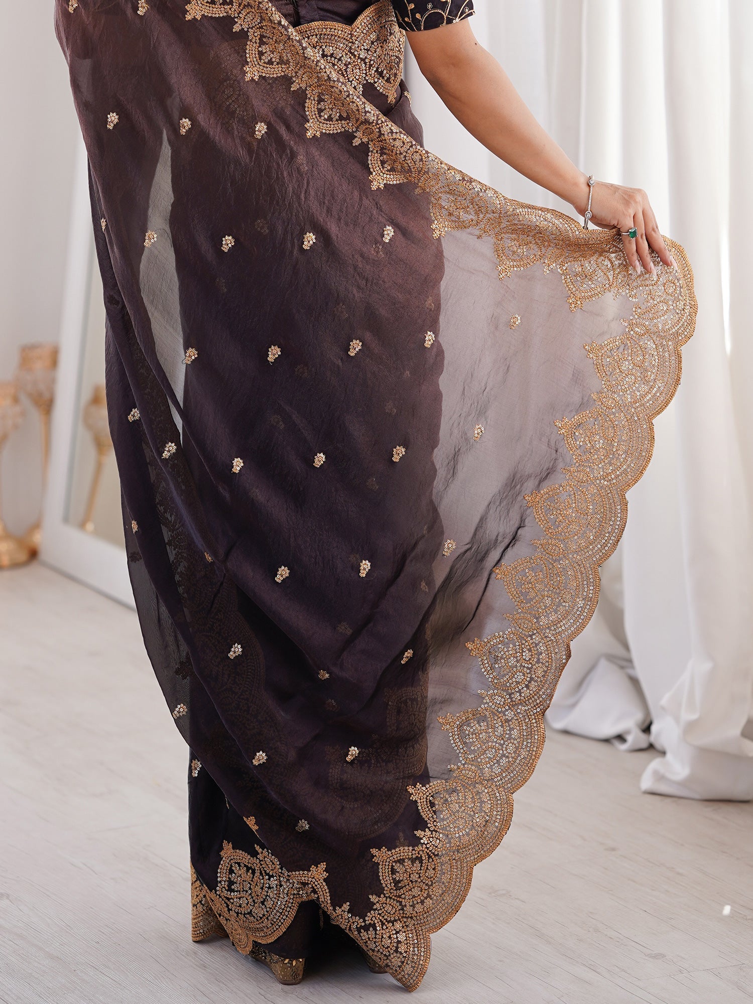 Dark Coffee Brown Organza Tissue Saree - Ressa