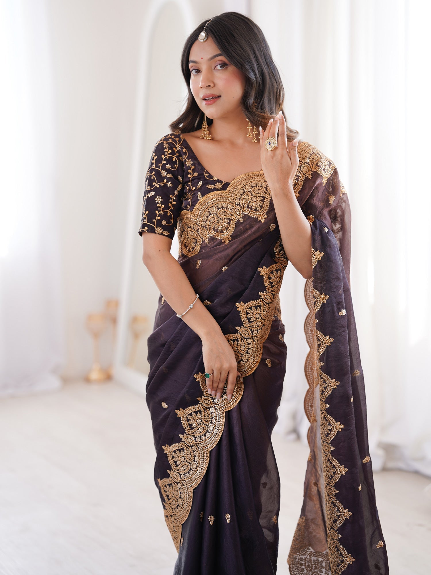 Dark Coffee Brown Organza Tissue Saree - Ressa