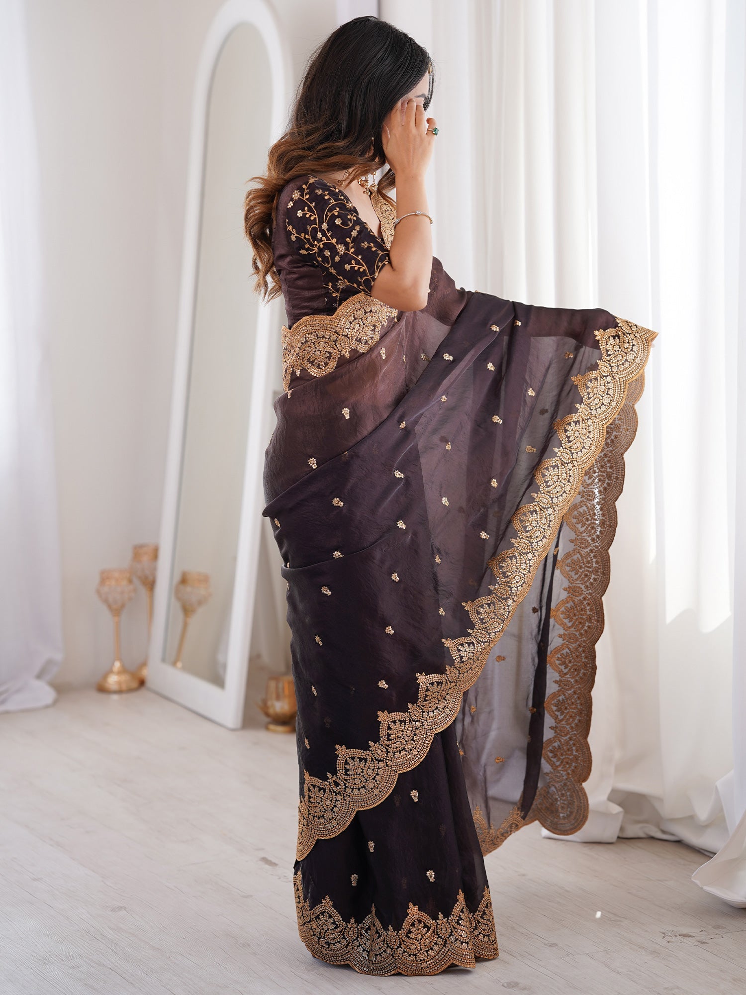 Dark Coffee Brown Organza Tissue Saree - Ressa