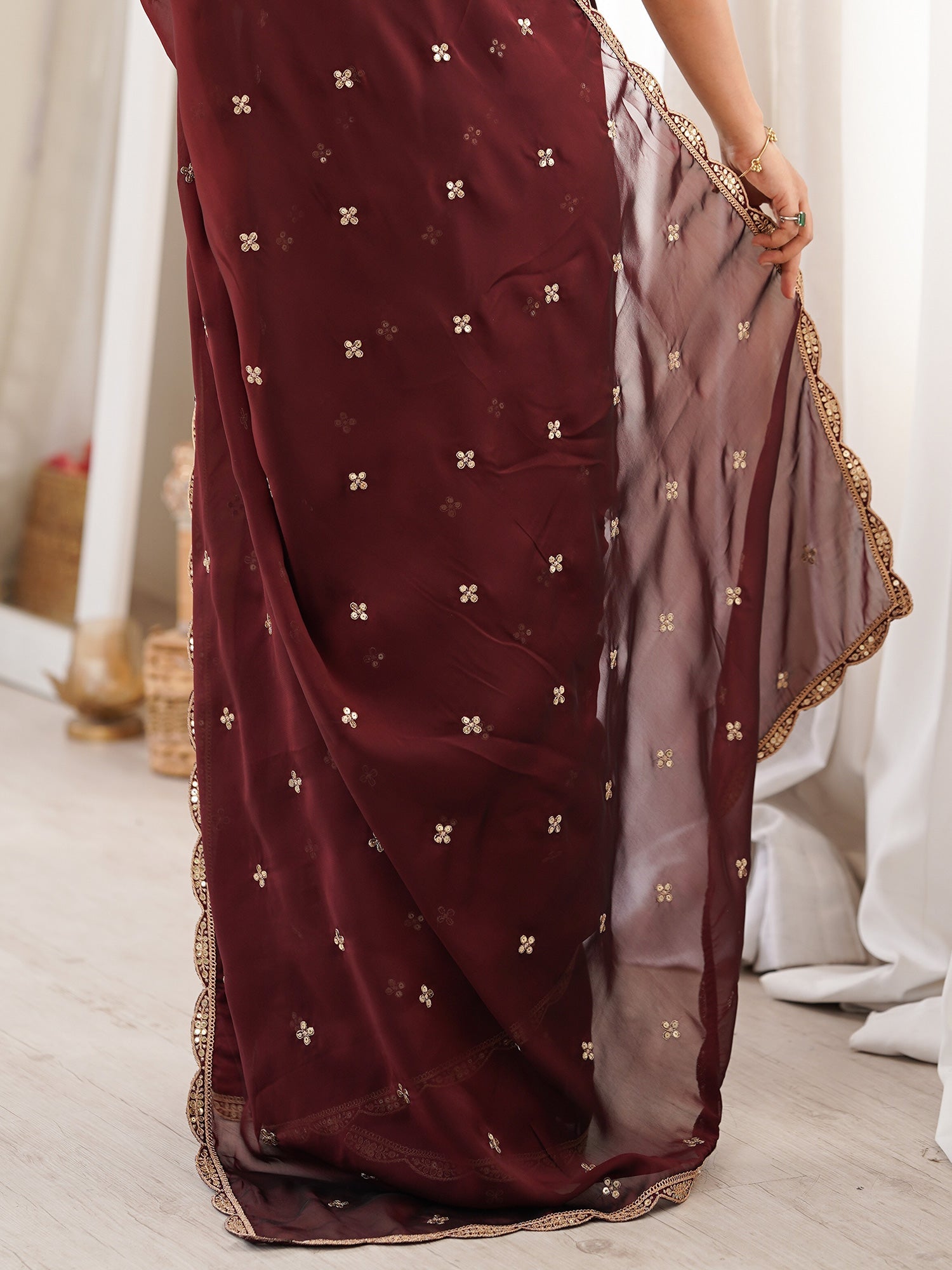Dark Coffee Brown Pure Georgette Saree with Scalloped Gota Patti Border - Ressa