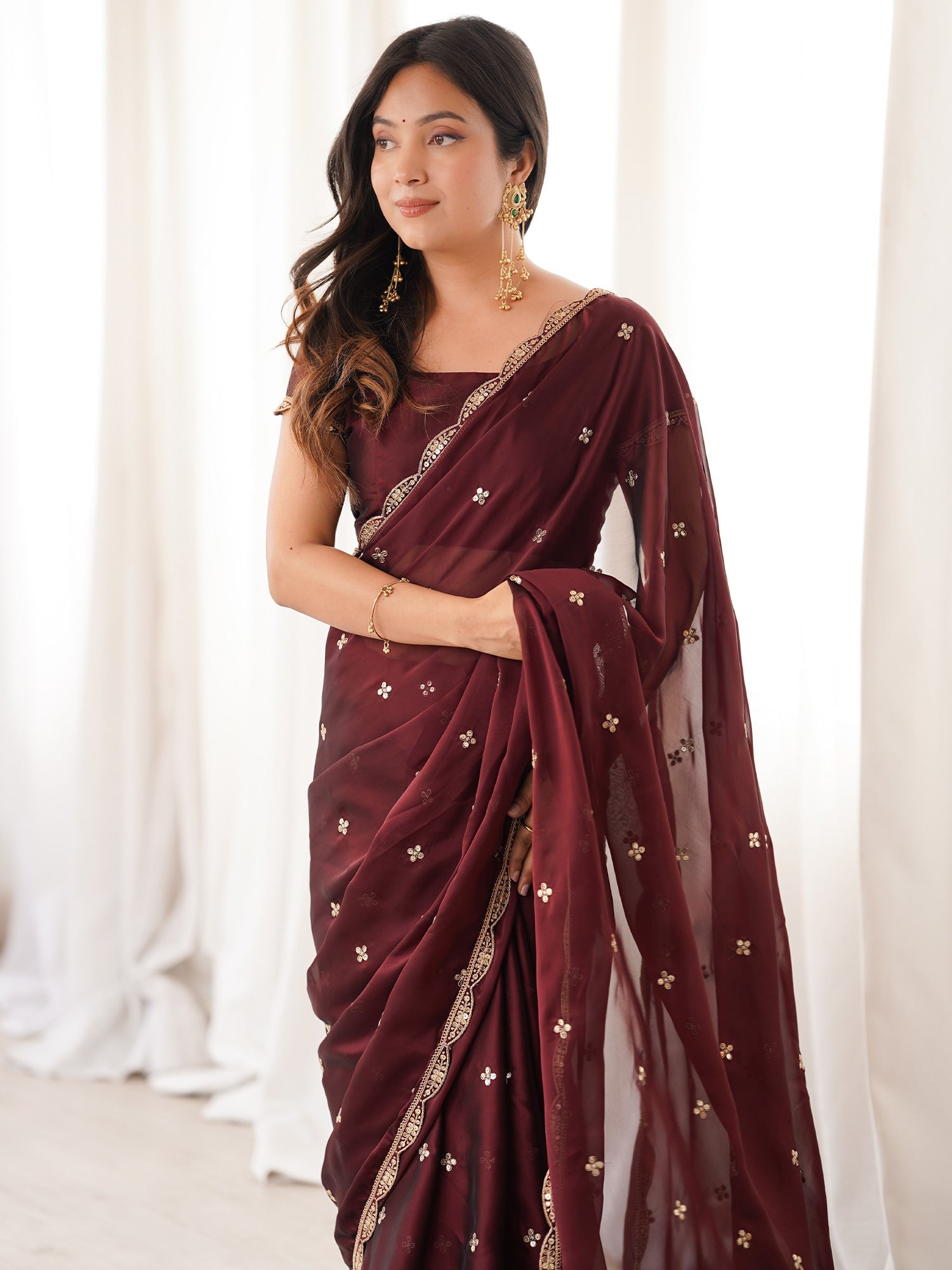 Dark Coffee Brown Pure Georgette Saree with Scalloped Gota Patti Border - Ressa