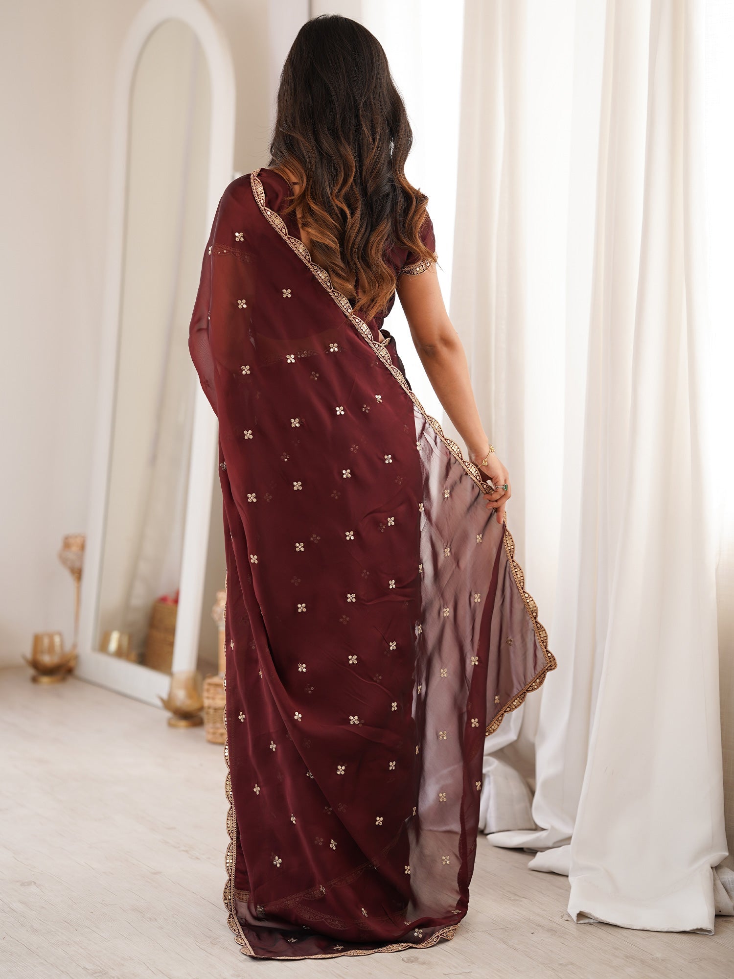 Dark Coffee Brown Pure Georgette Saree with Scalloped Gota Patti Border - Ressa