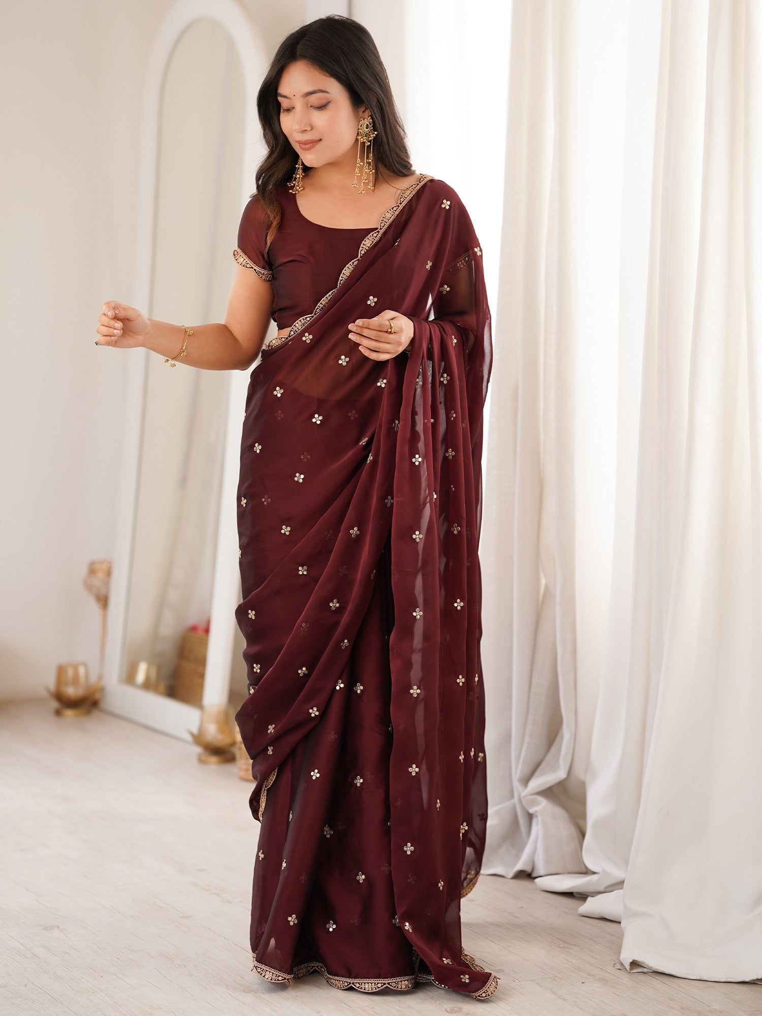 Dark Coffee Brown Pure Georgette Saree with Scalloped Gota Patti Border - Ressa
