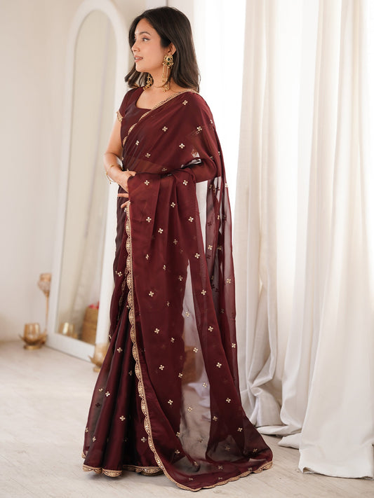 Dark Coffee Brown Pure Georgette Saree with Scalloped Gota Patti Border - Ressa