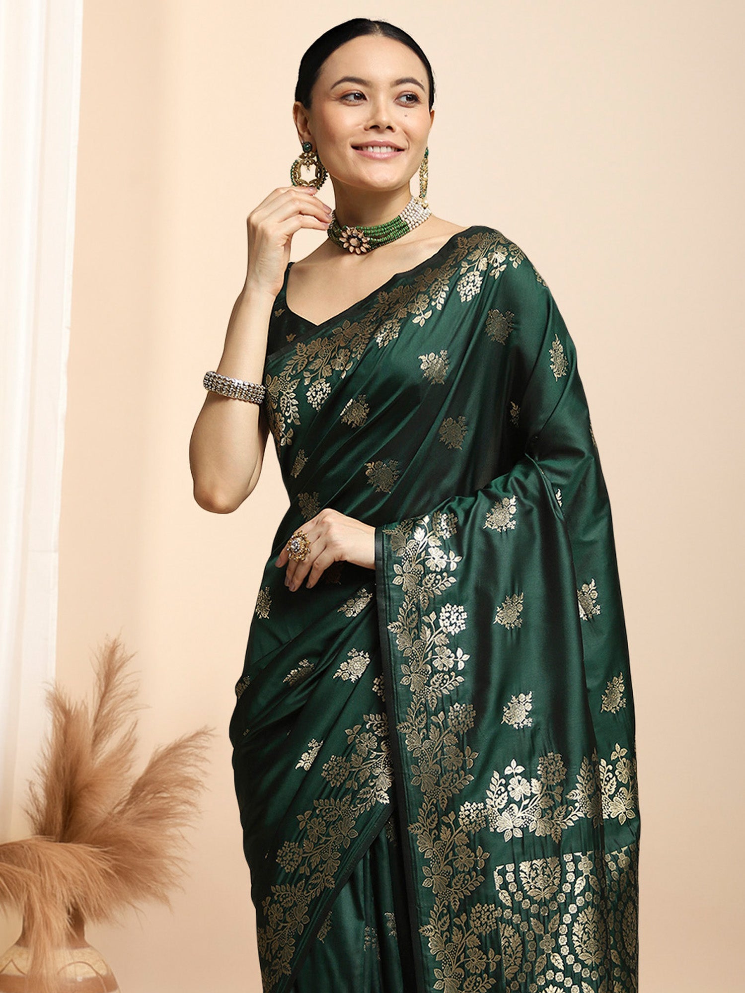 Dark Green Banarasi Silk Saree - Ressa