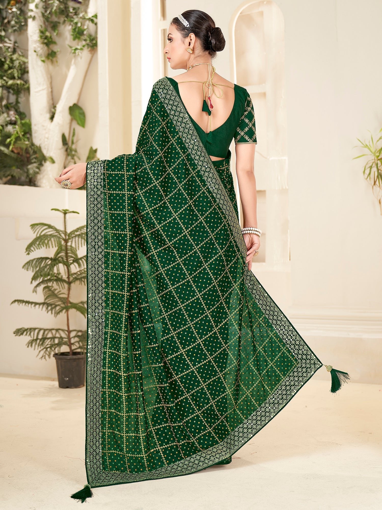 Dark Green Bandhani Print saree - Ressa