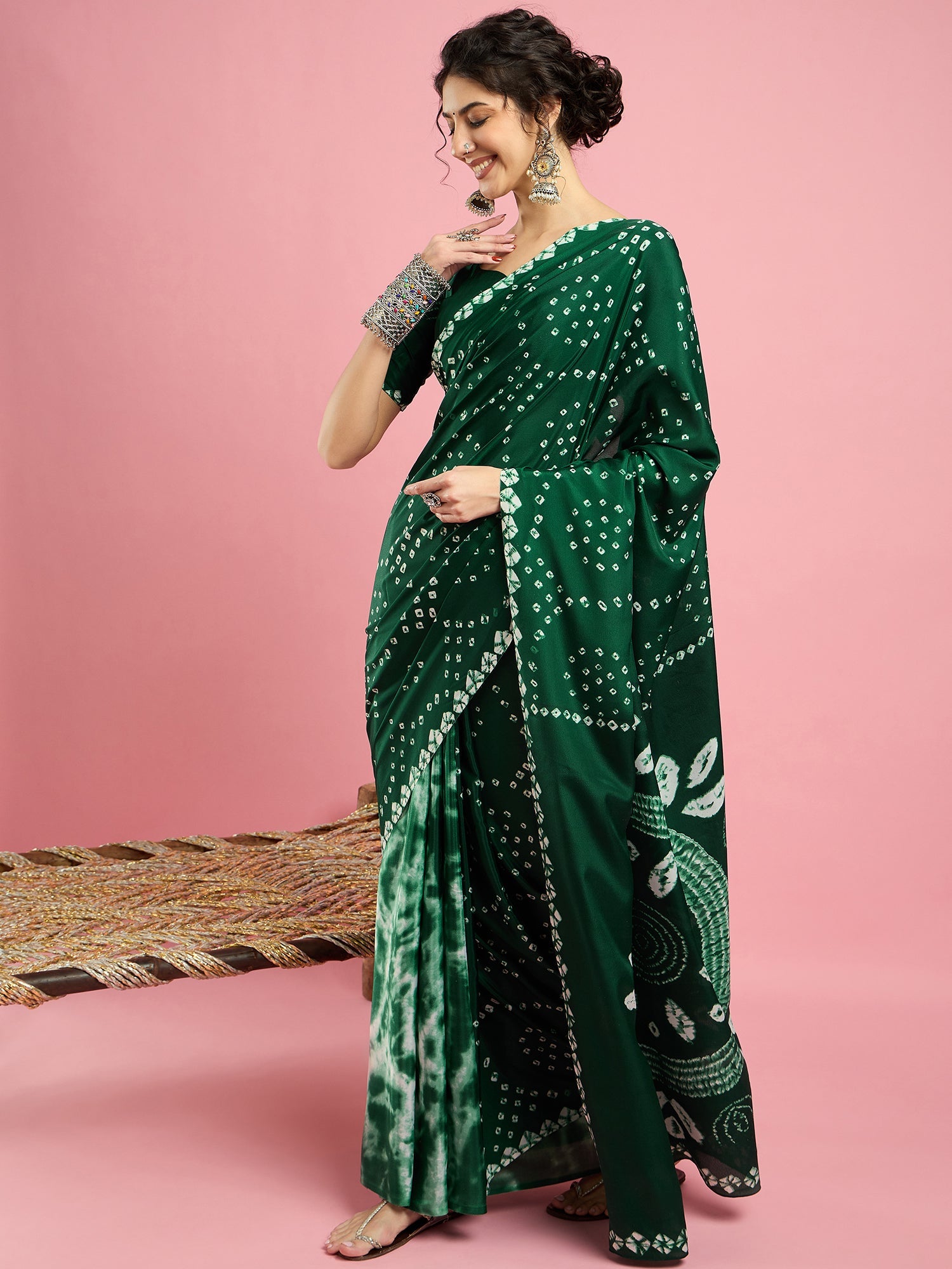 Dark Green Bhandhani Print Silk Saree - Ressa