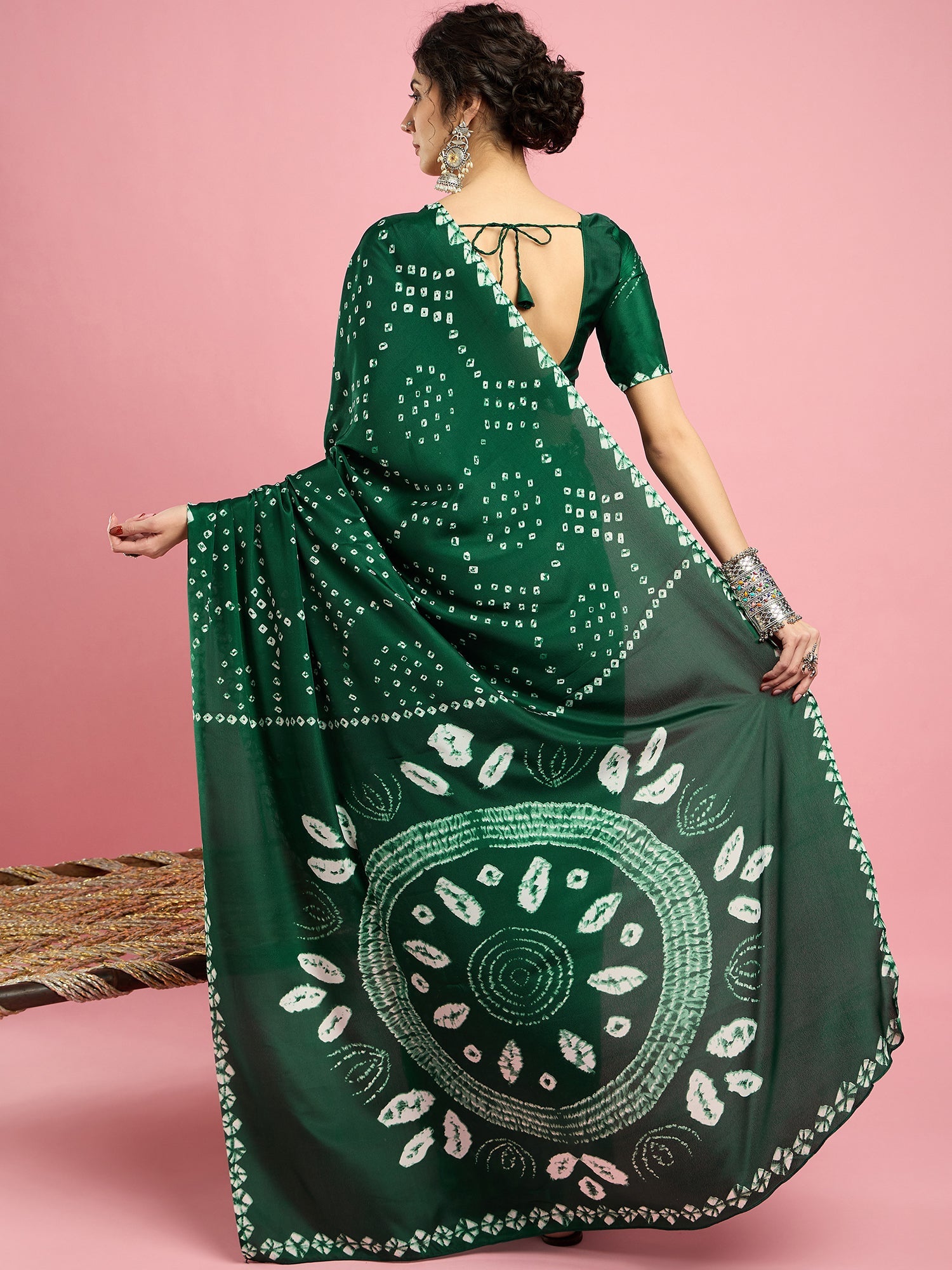 Dark Green Bhandhani Print Silk Saree - Ressa