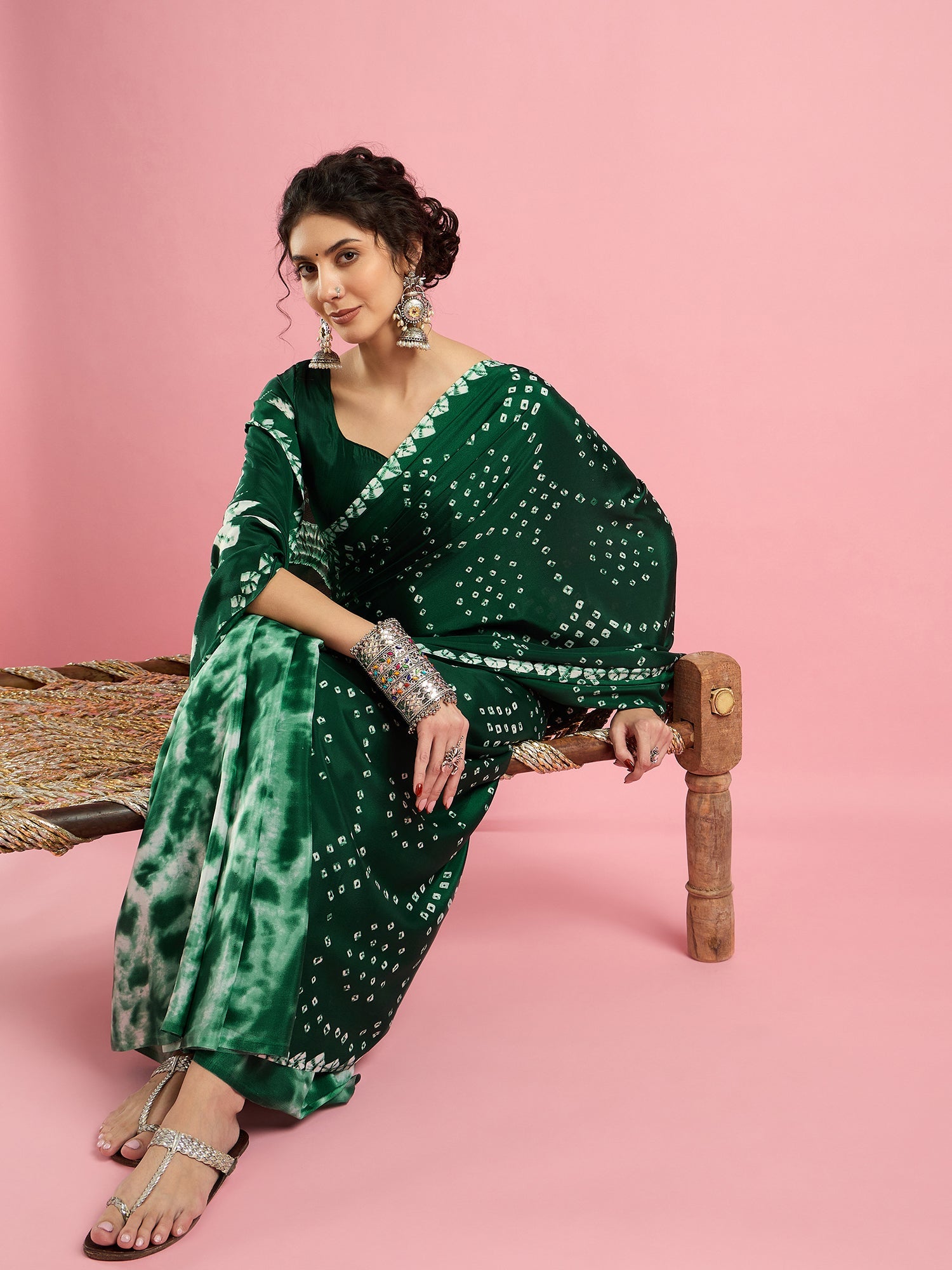 Dark Green Bhandhani Print Silk Saree - Ressa