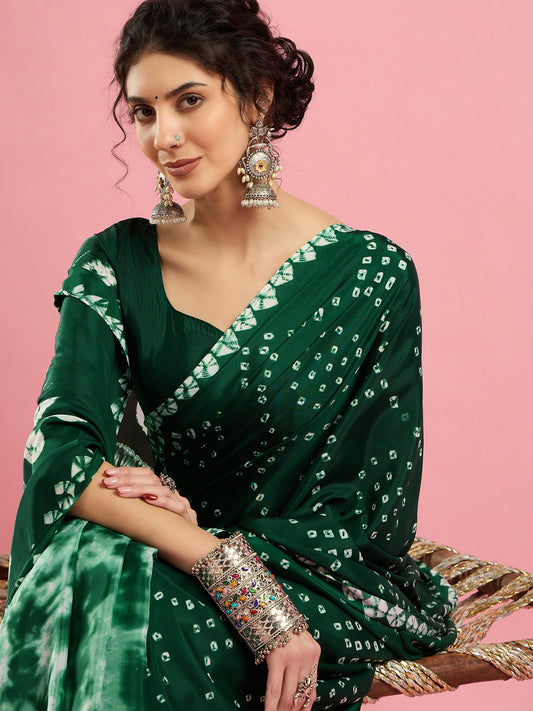 Dark Green Bhandhani Print Silk Saree - Ressa