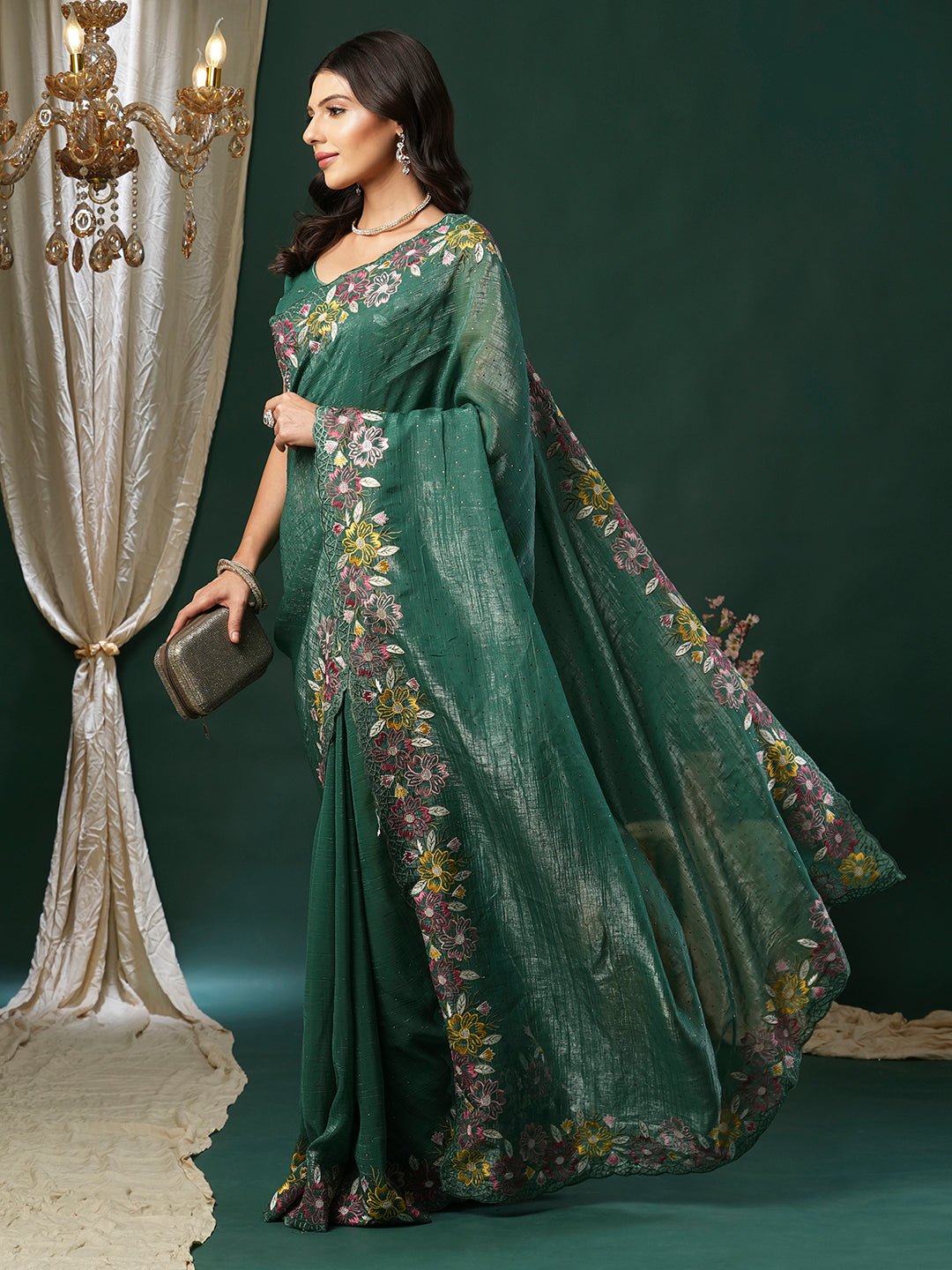 Dark Green Embroidered Tissue Silk Saree - Ressa